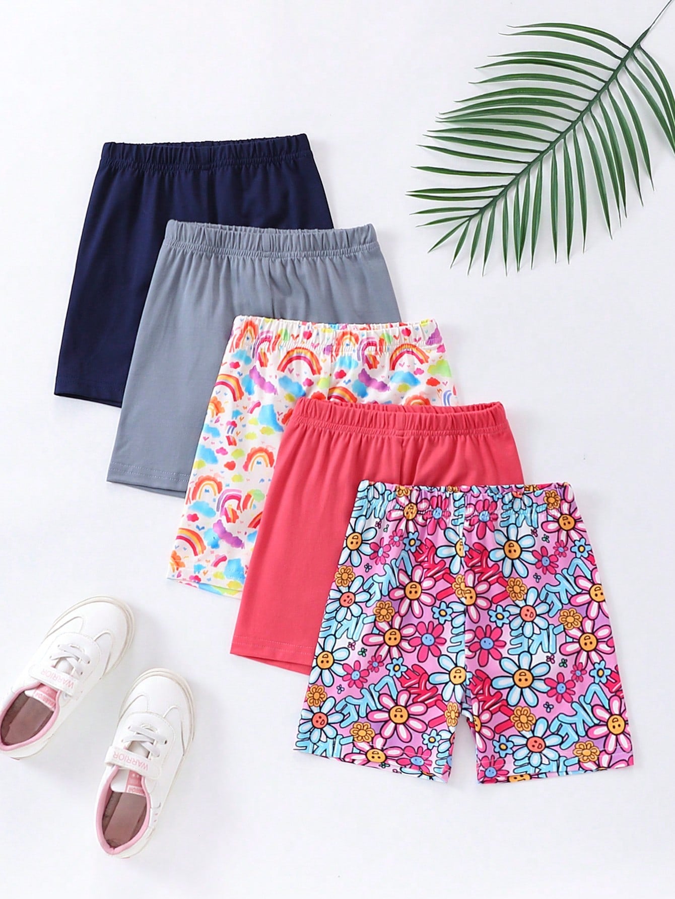 5pcs/Set Young Girls' Casual Printed Pattern And Solid Color Leggings For Summer