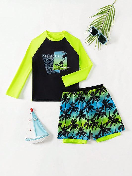 Tween Boy Round Collar Long Sleeve Swimwear Top With All-Over Print + Swimming Trunks Set