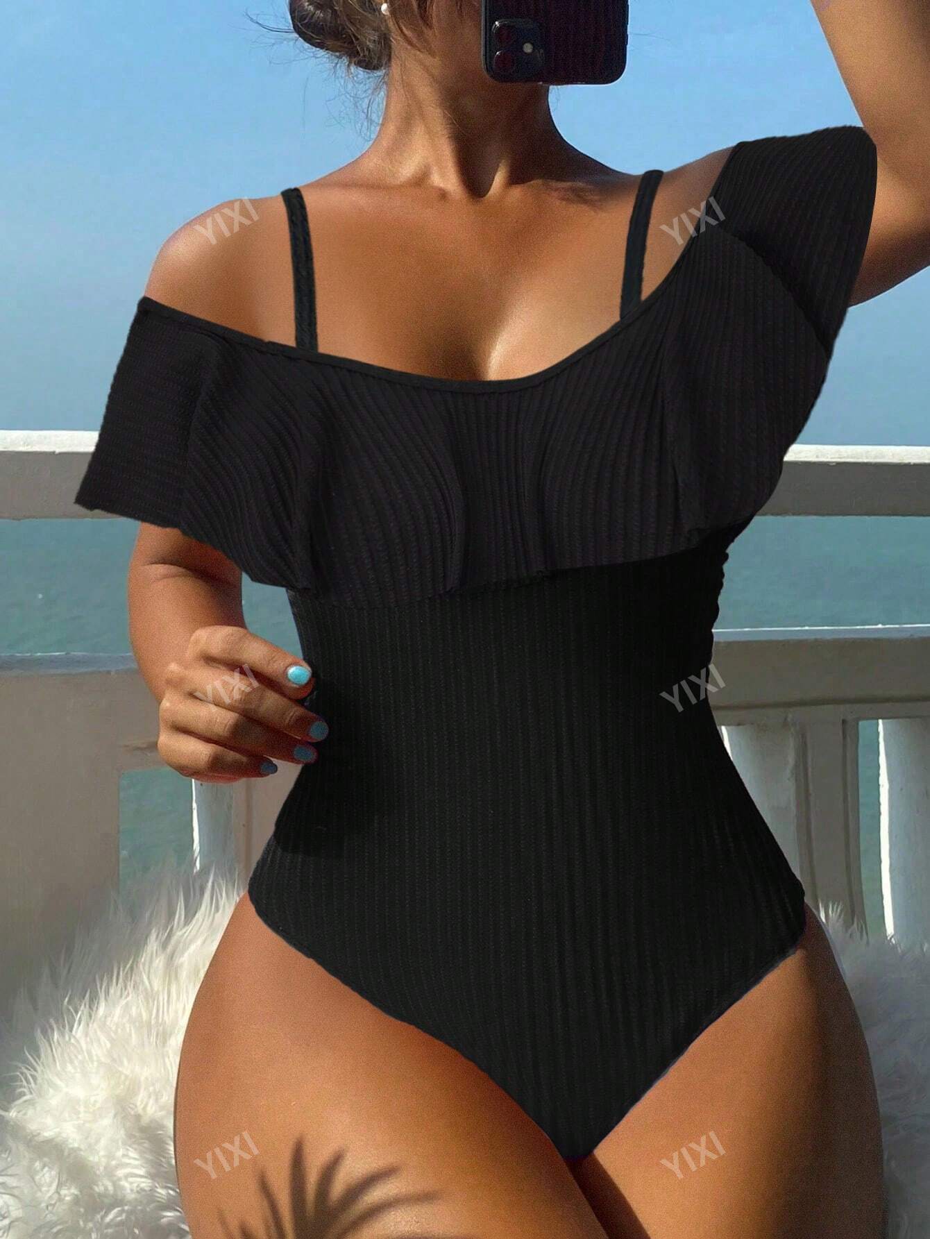 2024 New Striped Ruffle One-Piece Swimsuit, Casual Fashion Swimwear For Women