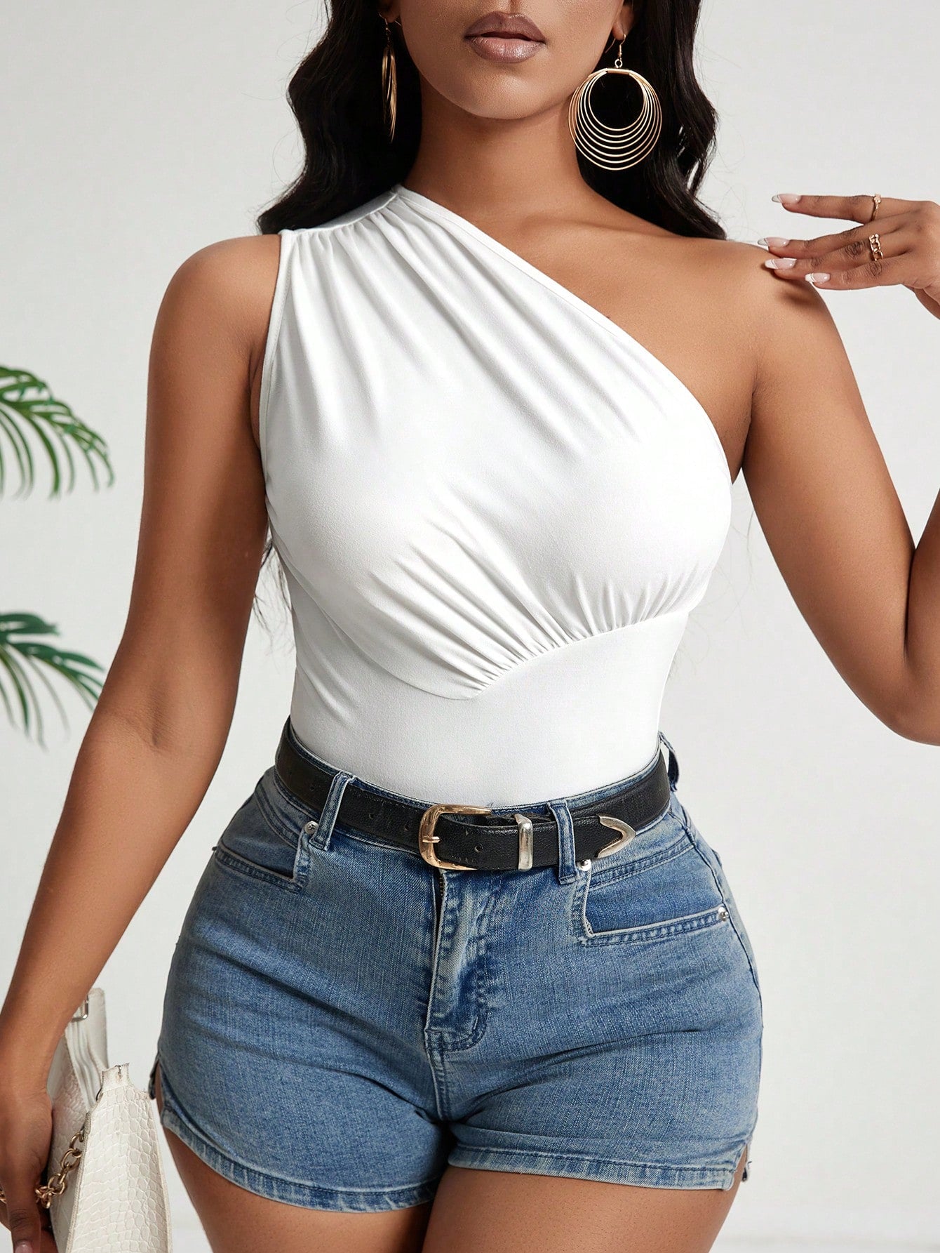 Solid Color Pleated One Shoulder Fitted Summer Top