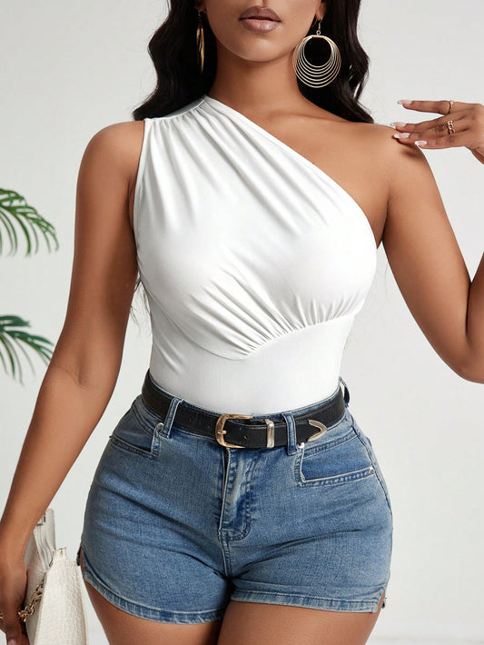 Solid Color Pleated One Shoulder Fitted Summer Top