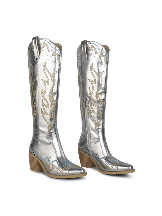 ISNOM Knee High Cowboy Cowgirl Boots For Women, With Unique Embroidery, Side Zipper And Chunky Heel Design