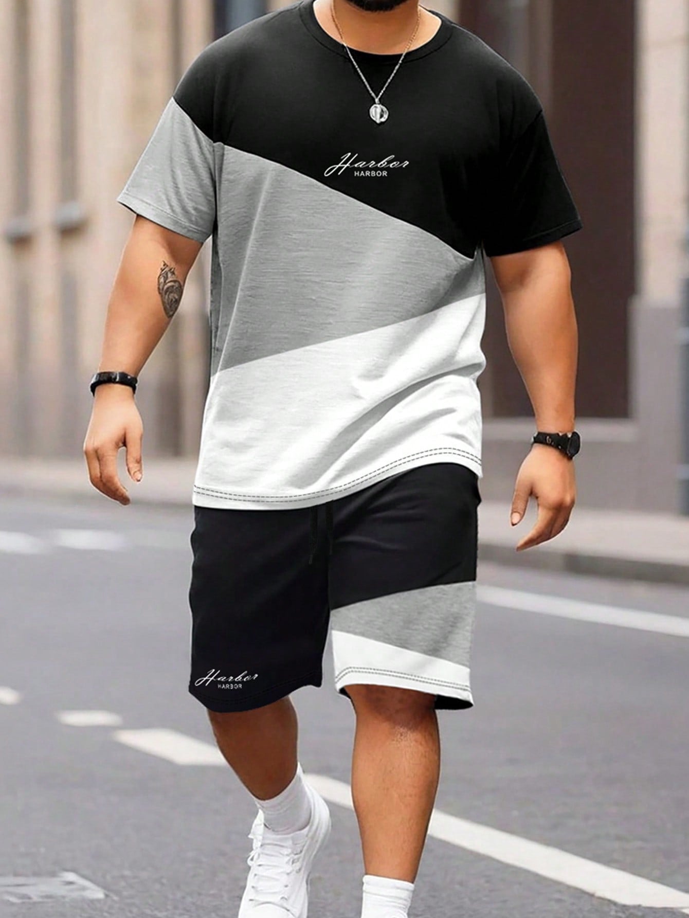 Plus Size Men Summer Fashion Three-Color Splice T-Shirt Set