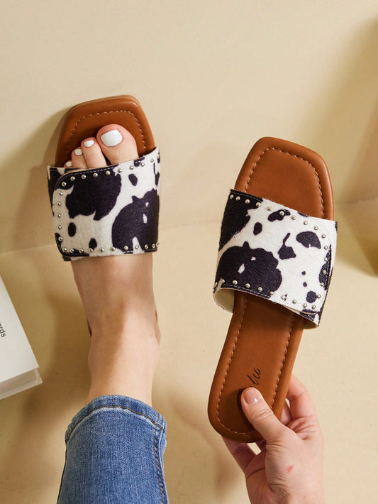 Women Rivet Decor Fashion Sandals, Flat Slide Summer Sandals ,Cow Pattern Flat Sandals Comfortable Western Slippers