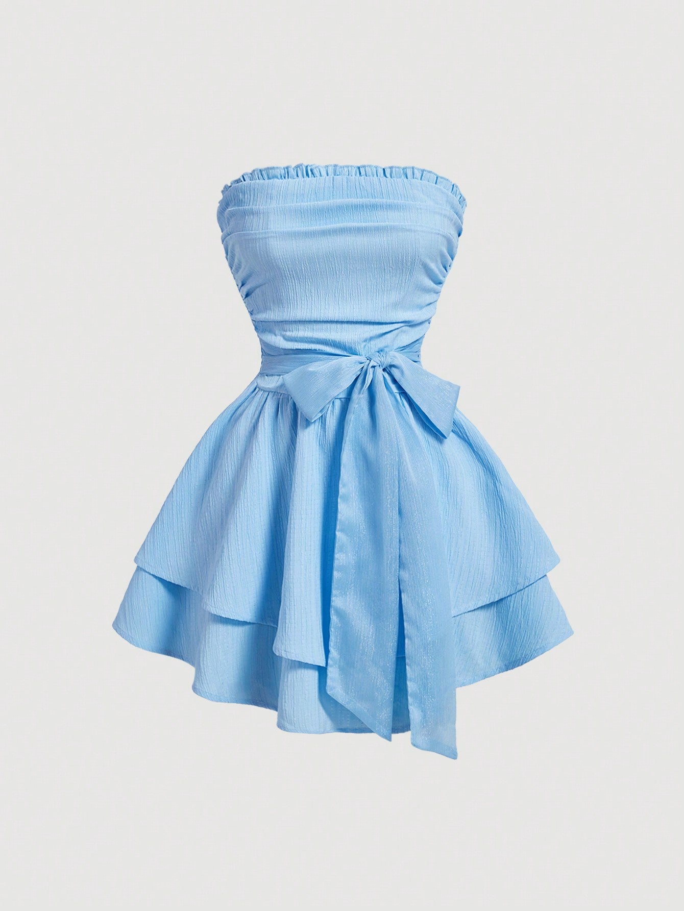 Women Summer Solid Color Pleated Waist Tie Double Layered Ruffle Hem Strapless Elegant Dress With Frilly Edges