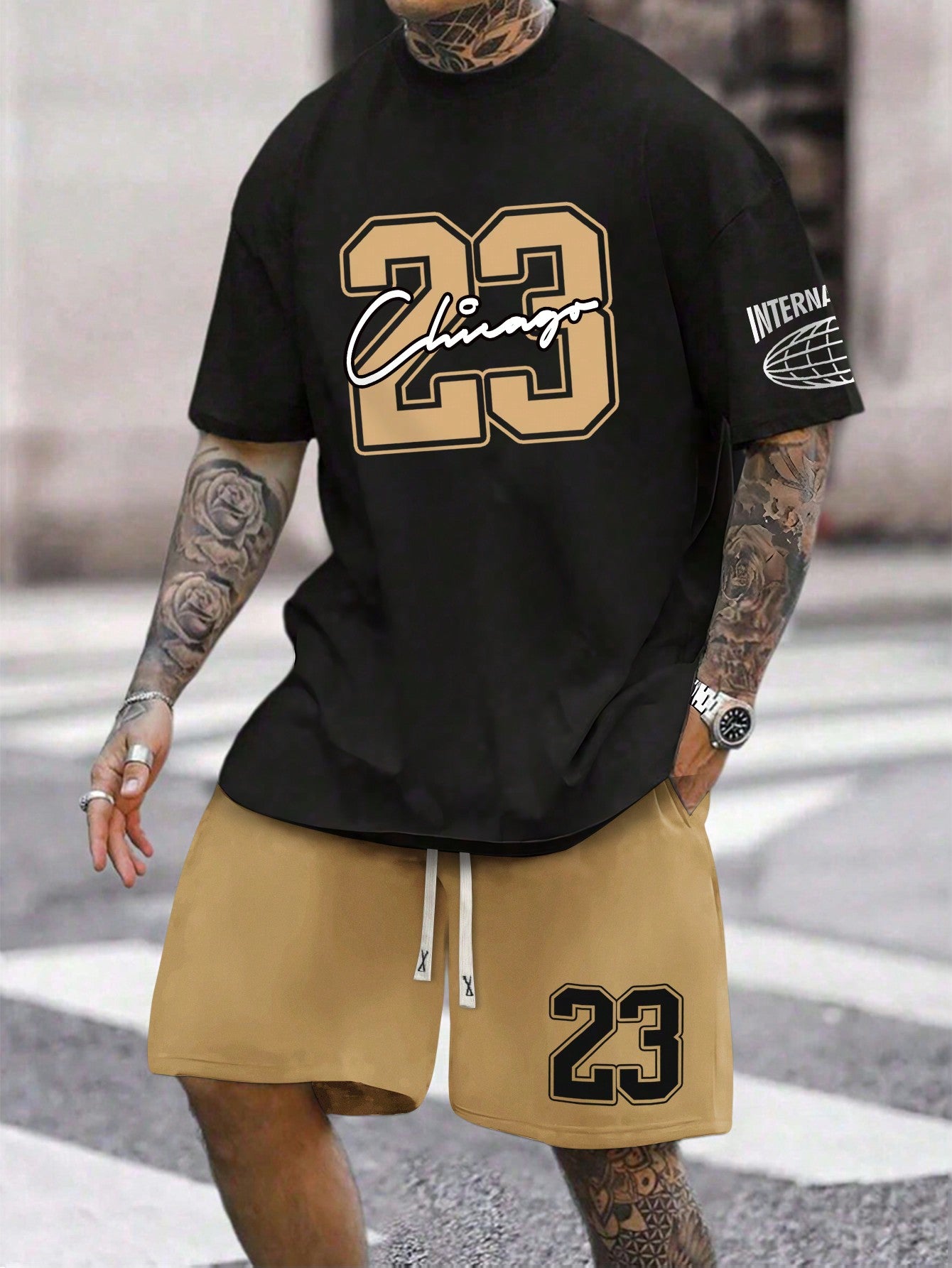 Men's Letter And Number Printed T-Shirt And Shorts Set