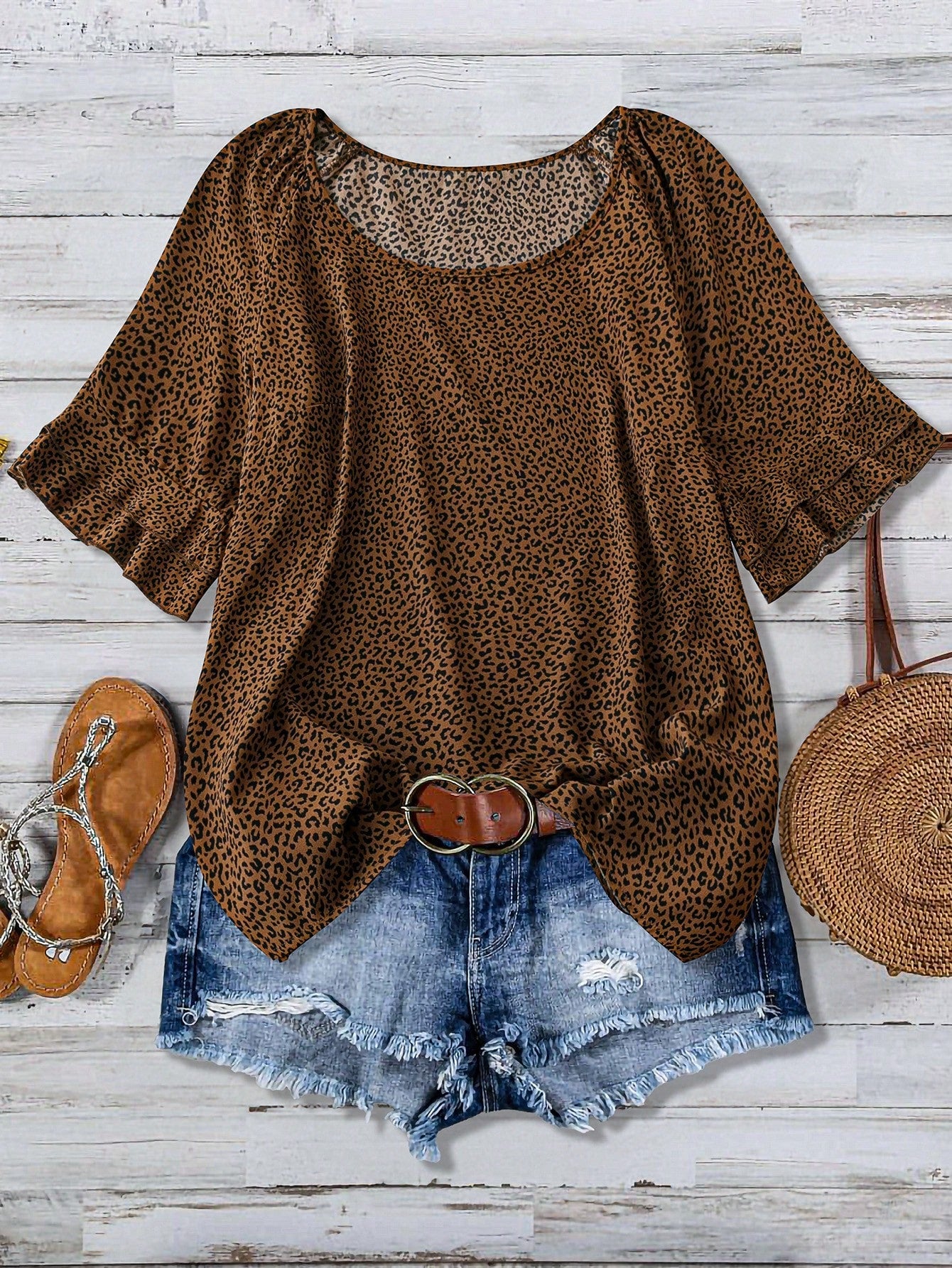 Plus Size Vacation Leisure Leopard Print Ruffle Sleeve Shirt