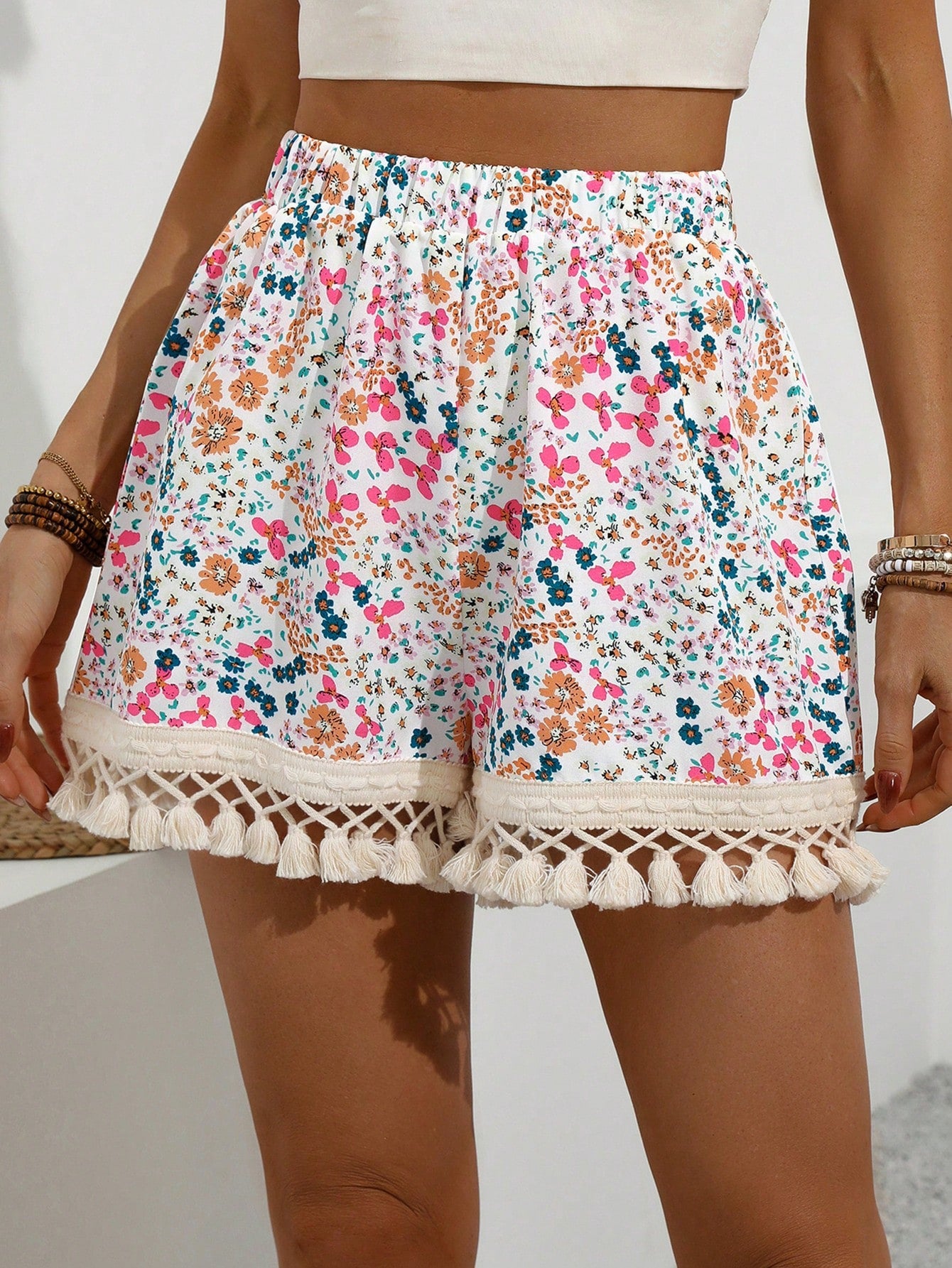 Fringe Trim High Waist Shorts