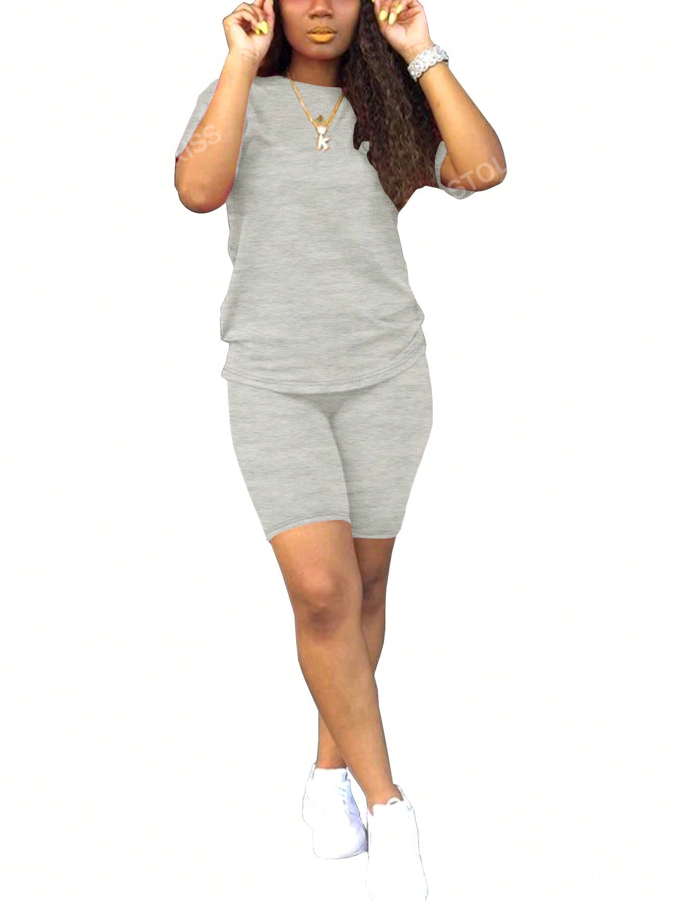 Women Summer Solid Color Round Neck Short Sleeve Casual T-Shirt And Shorts Set