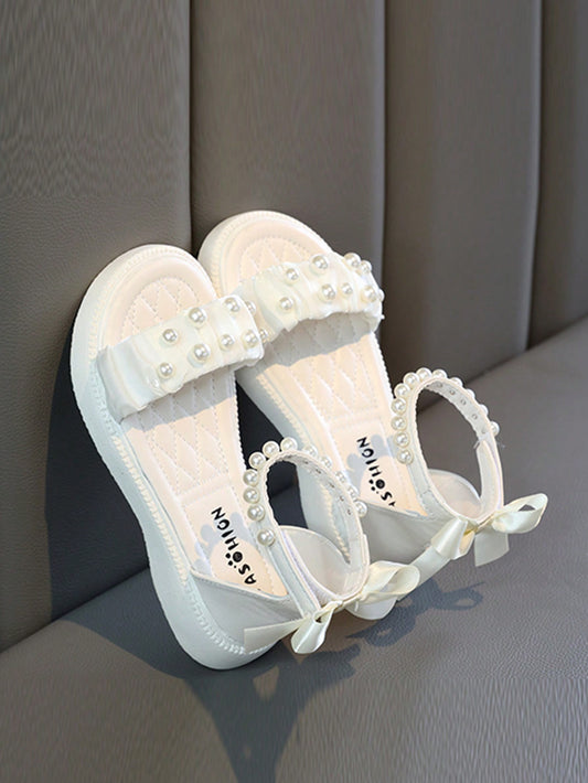 Princess Shoes For Girls Ages 2-8, Plain Bowknot Pearl Sandals, White Shoes For Girls