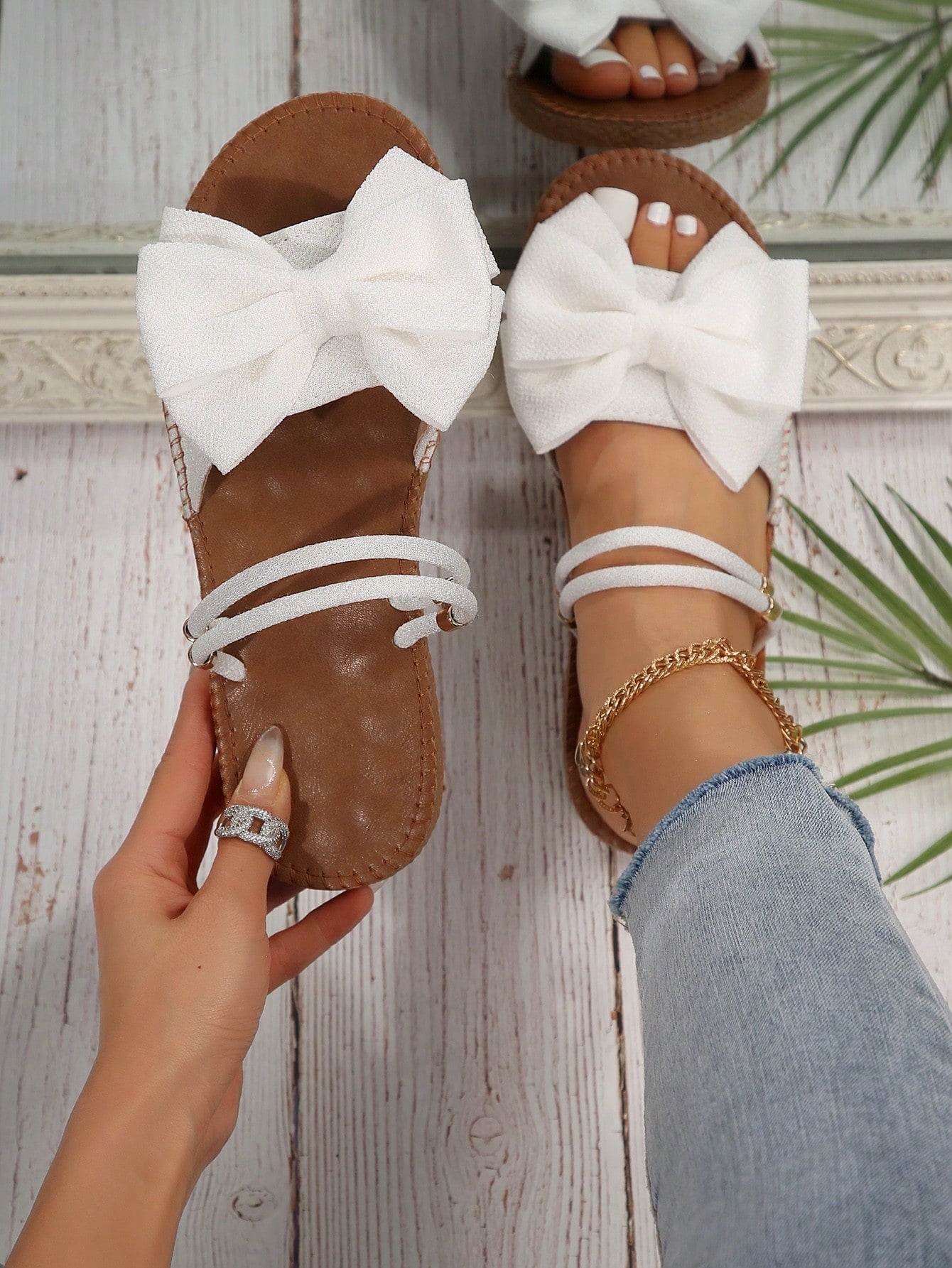 Women Anti-slip Bow Decor Flat Sandals, Vacation Summer Polyester Slide Sandals