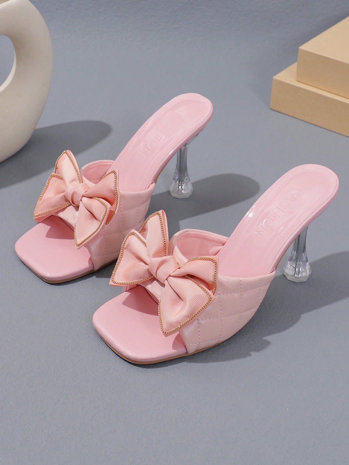 Fashionable And Comfortable Round Toe Pink Butterfly Decor Slip-On Transparent Crystal Thin High-Heeled Sandals