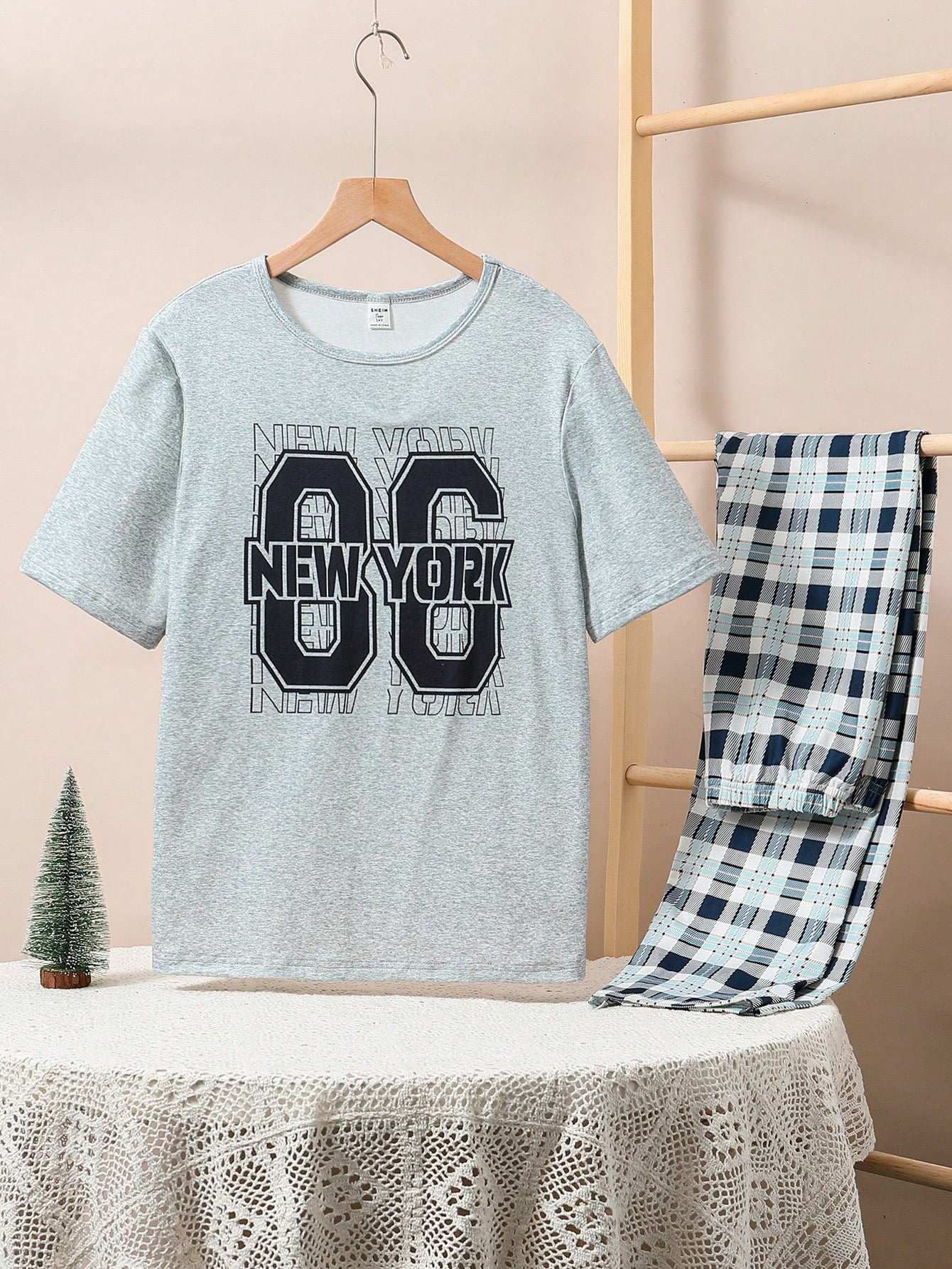 Teen Boy Simple Digital Plaid Long Pants & Short Sleeve Casual Two-Piece Homewear PJ Set