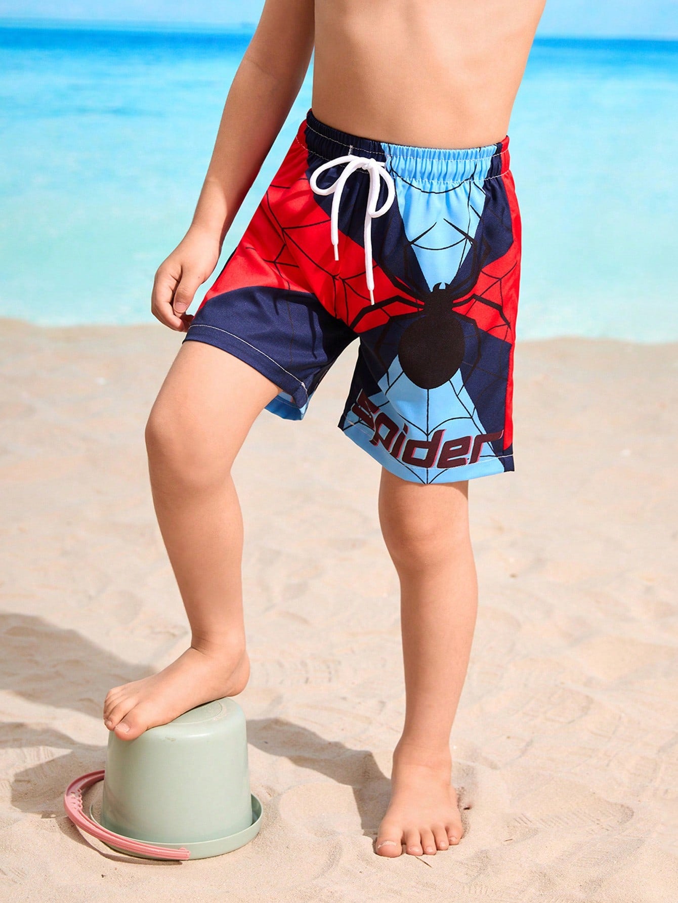 Young Boy Beach Holiday Spider & Letter Print Drawstring Waist Swimwear Shorts