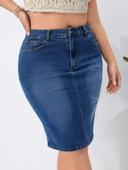 Plus Size Women Daily Simple Elegant Denim Pencil Skirt With Pockets