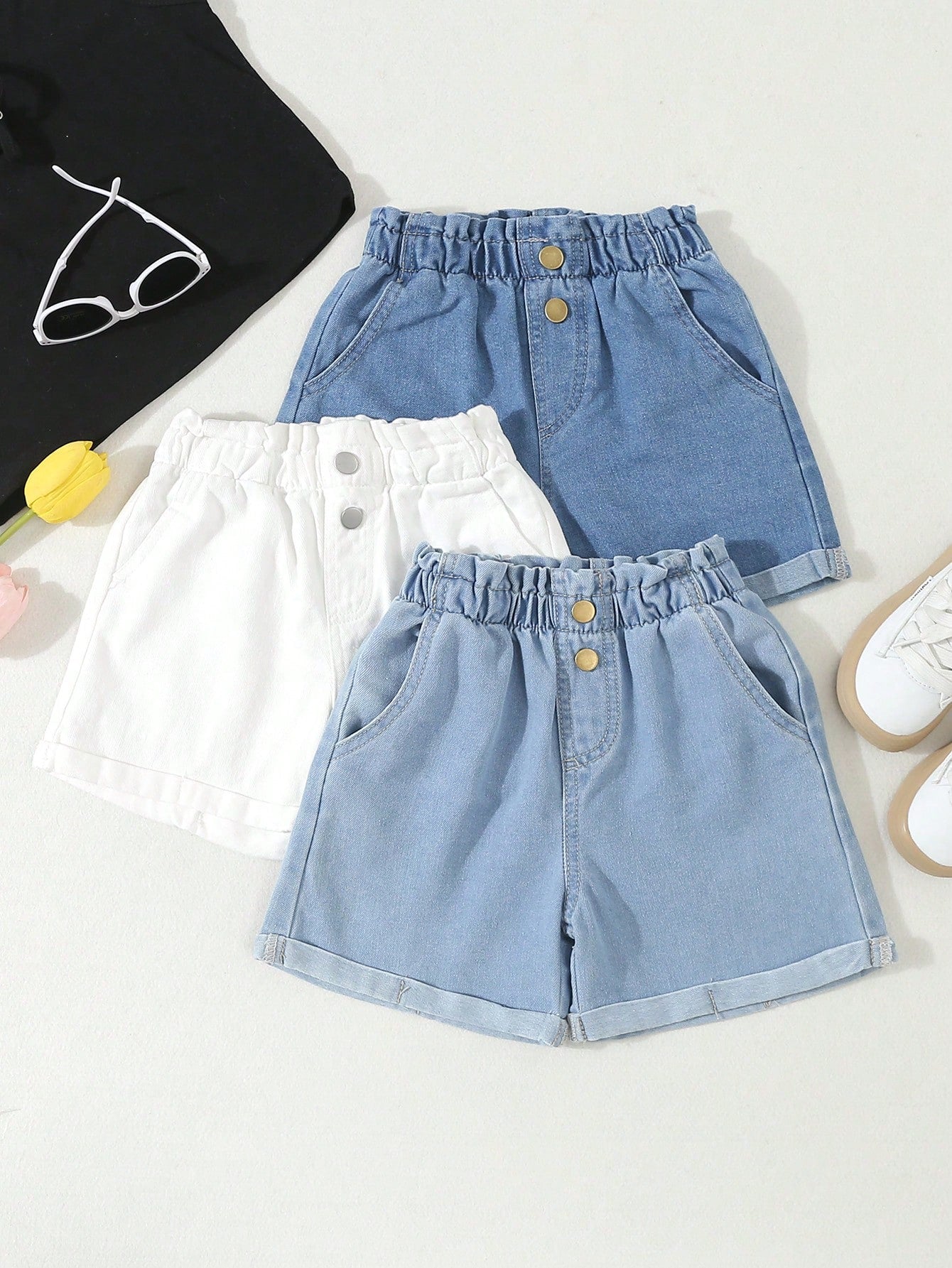 Young Girl Comfortable Casual Multi-Color Denim Shorts With Tulip Waist