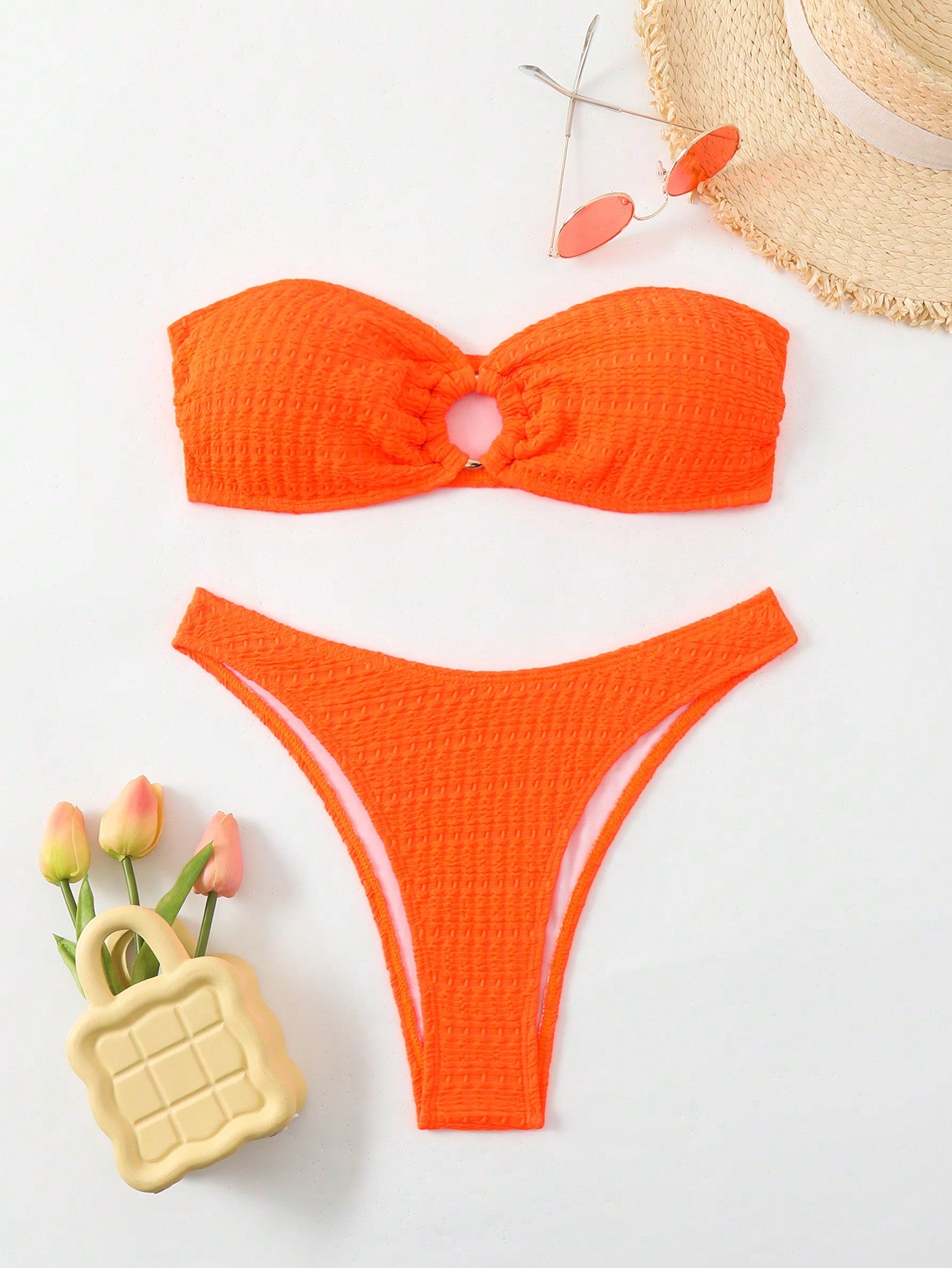 Swim Summer Beach Ring Linked Bandeau Bikini Set