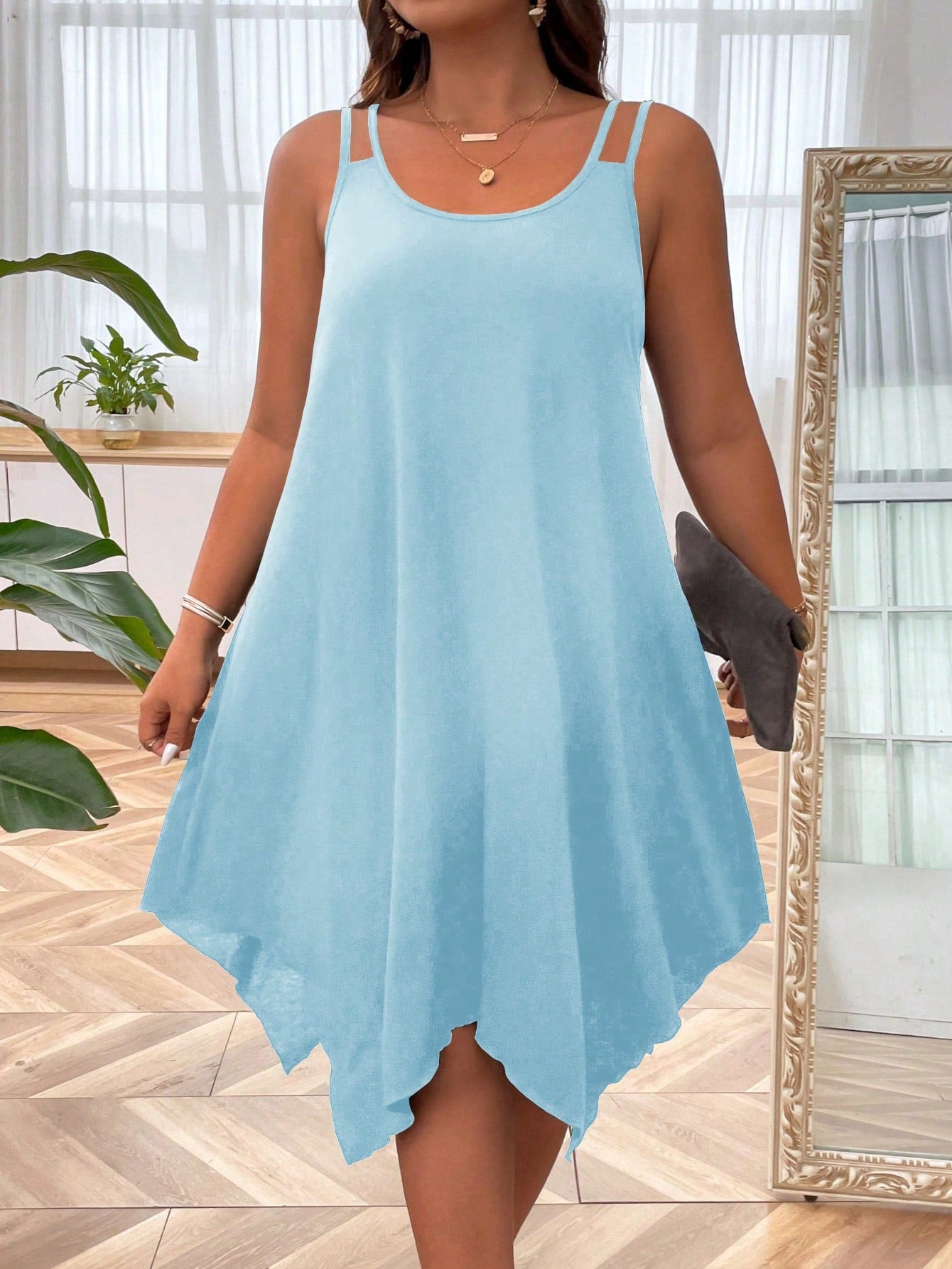 Plus Solid Asymmetrical Hem Cami Dress