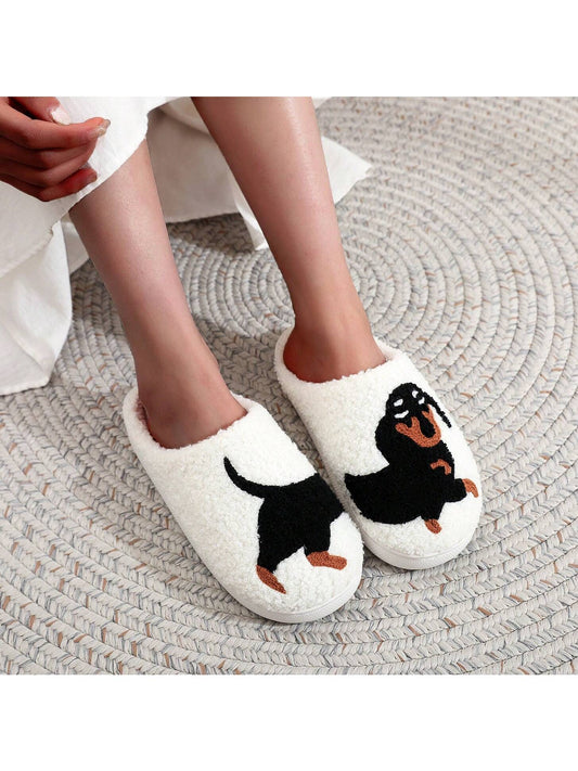 Unisex Warm Embroidered Plush Pet Dachshund Cute Design Slipper With Thick Sole, Festival Gift