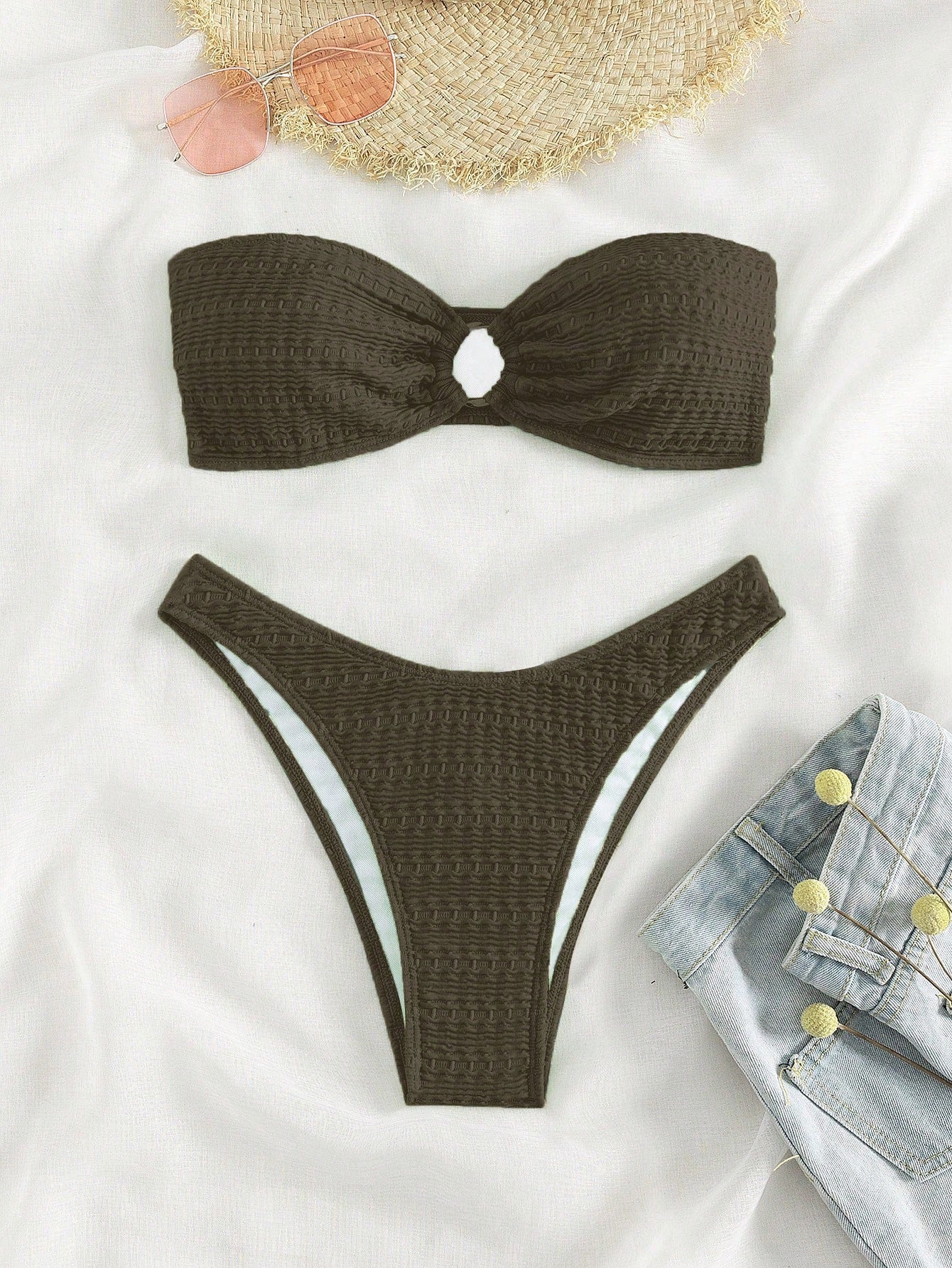 Swim Summer Beach Ring Linked Bandeau Bikini Set