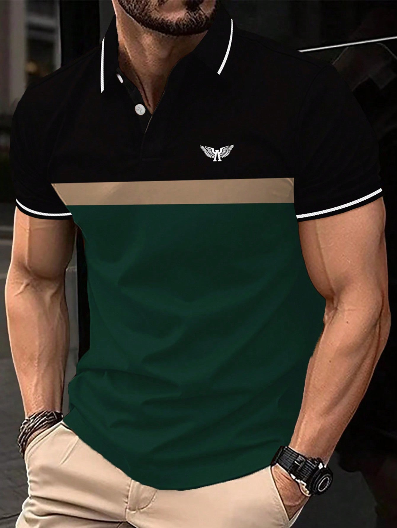 Men's Wing Print Colorblock Polo Shirt