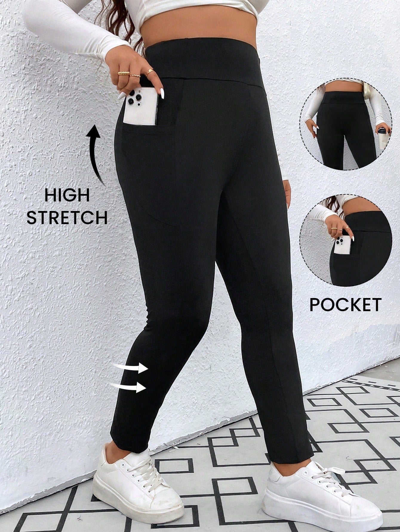 Plus Solid Tummy Control Black Leggings With Phone Pocket