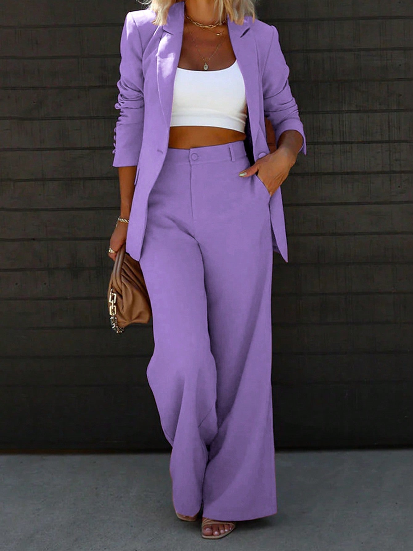 Elegant Flat Lapel Single Button Suit Jacket And Wide Leg Pants Set