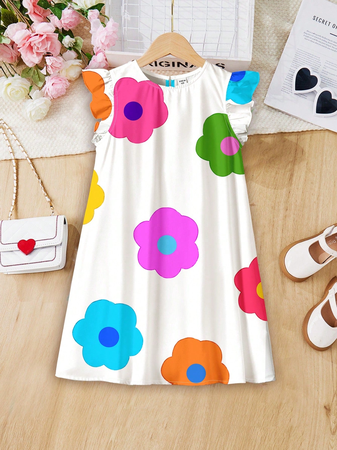 Tween Girl Casual Simple Cartoon Floral Print Ruffle Sleeve Dress Suitable For Summer