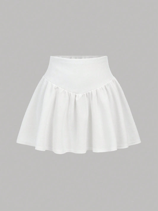 Teen Girl White High Waist V-Line Waistband Pleated A-Line Loose Sweet Vacation Casual Skirt