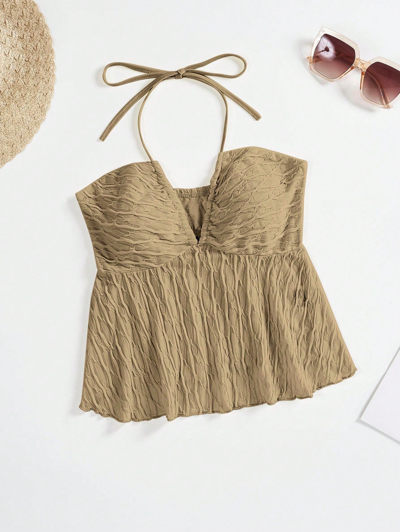 Solid Texture Halter Neck Camisole Top With Ruffle Hem