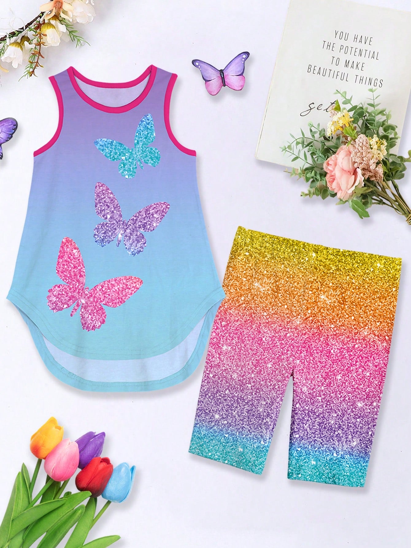 Tween Girl 1pc Cute Heart Tie Dye Front Short Back Long Vest And Mid Pants Set, Summer Daily Wear