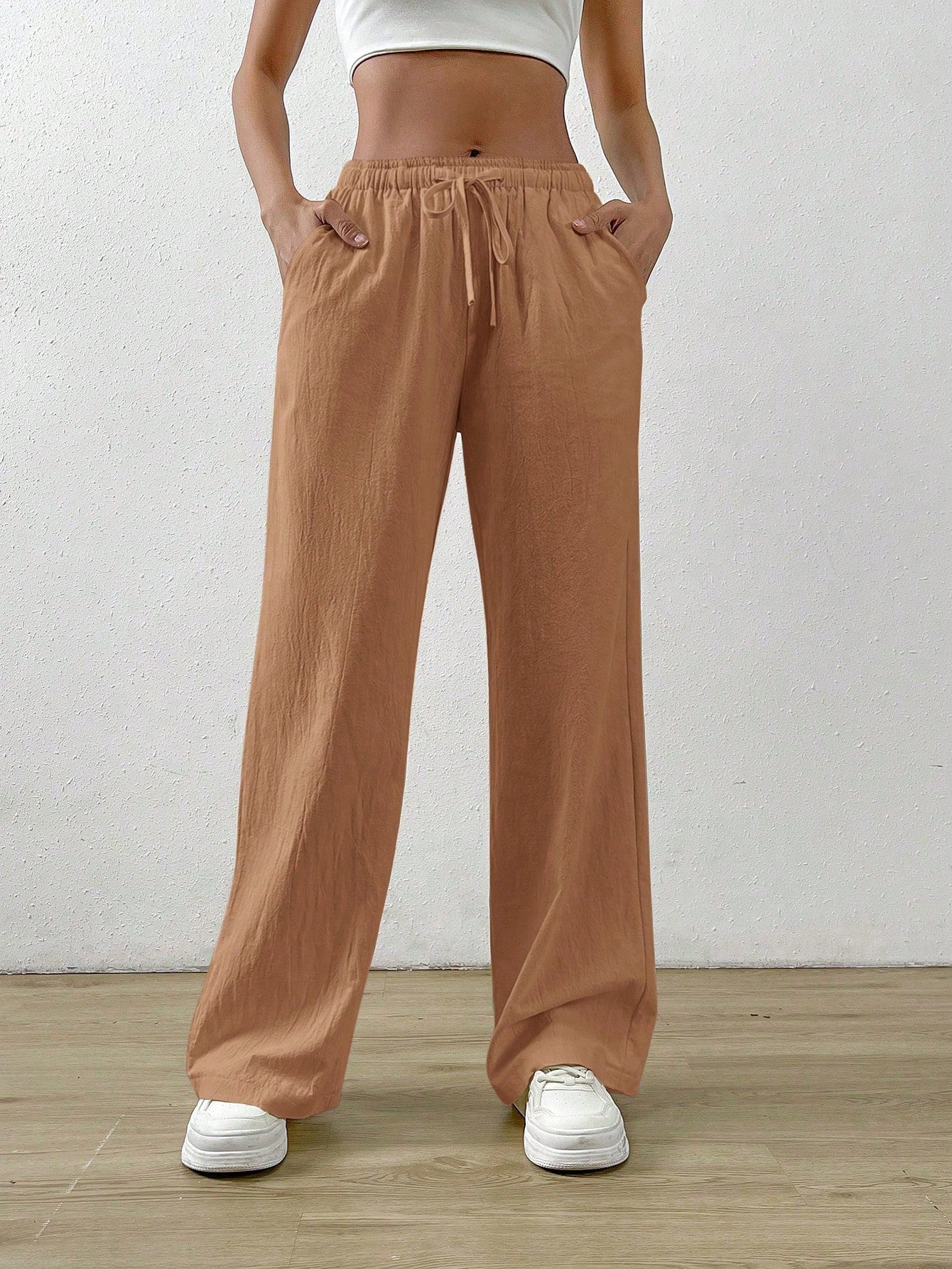 Cotton Loose Straight Drawstring Waist Slant Pocket Pants