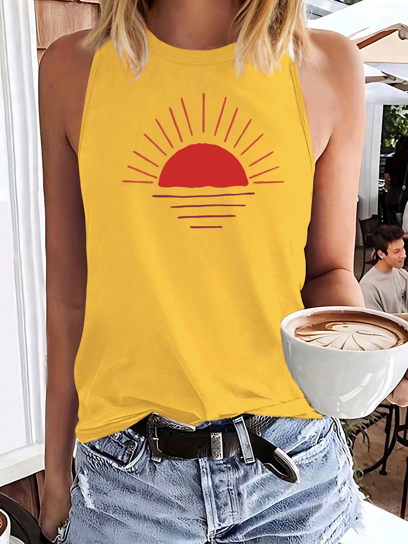 Simple Sun And Sunrise Print Casual Tank Top With Round Neckline