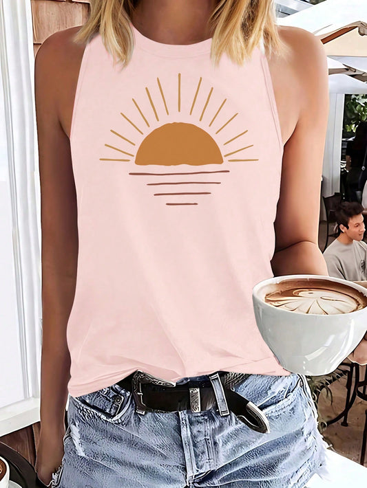 Simple Sun And Sunrise Print Casual Tank Top With Round Neckline