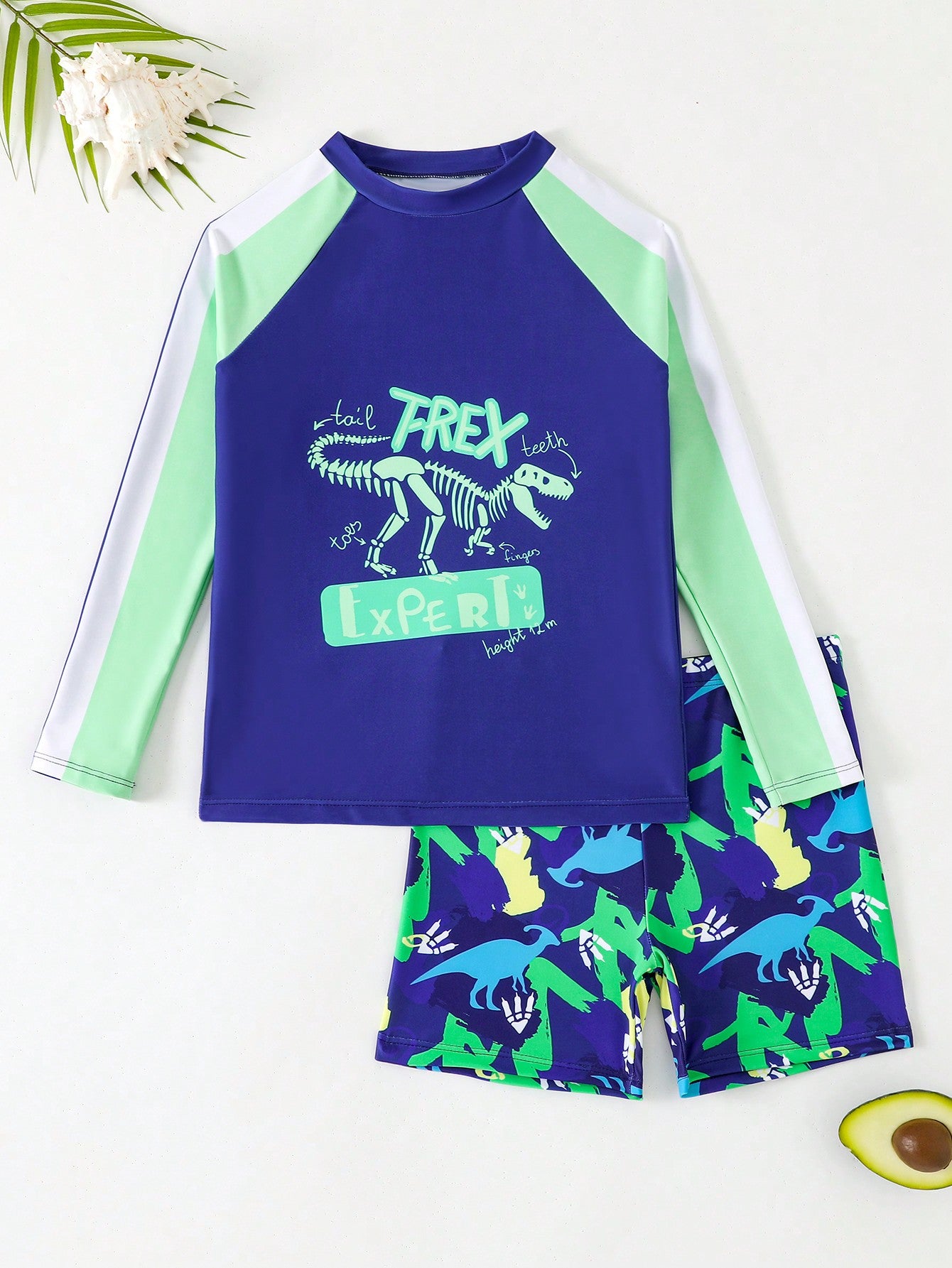 Tween Boy Letter & Dinosaur Skeleton Printed Raglan Long Sleeve T-Shirt & Shorts Separated Swimming Suit