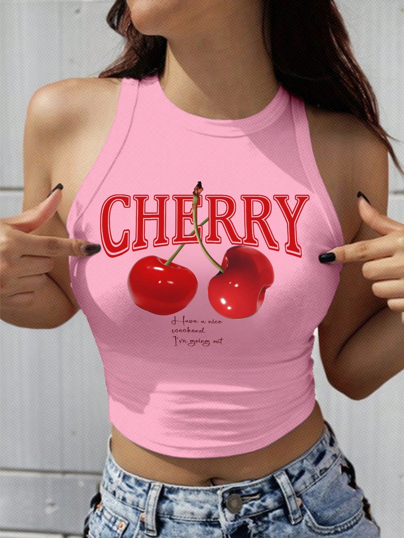 Women's Pink Cherry Pattern Casual Simple Slim Fit Crop Tank Top, Suitable For Summer CHERRY Have A Nice Weekend. I'm Going Out