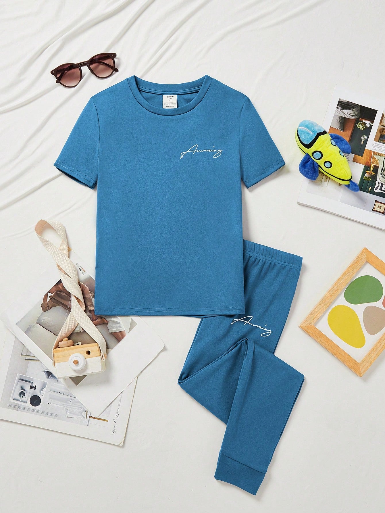 Tween Boy Round Neck Short Sleeve T-Shirt And Long Pants Personalized Letter Pattern Knitted Homewear 2pcs Set