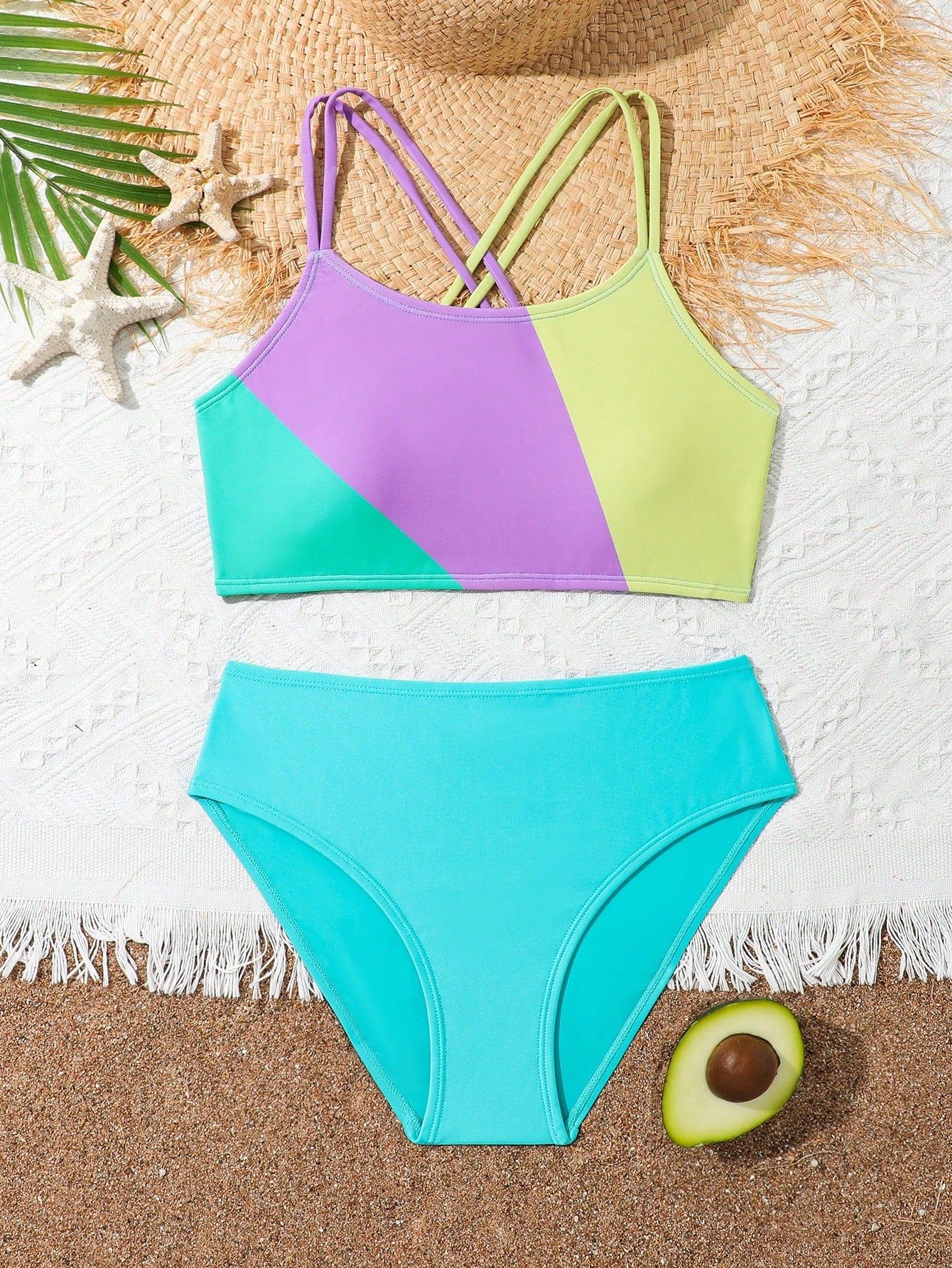 Tween Girl Color Block Crisscross Back Bikini Set Summer Beach