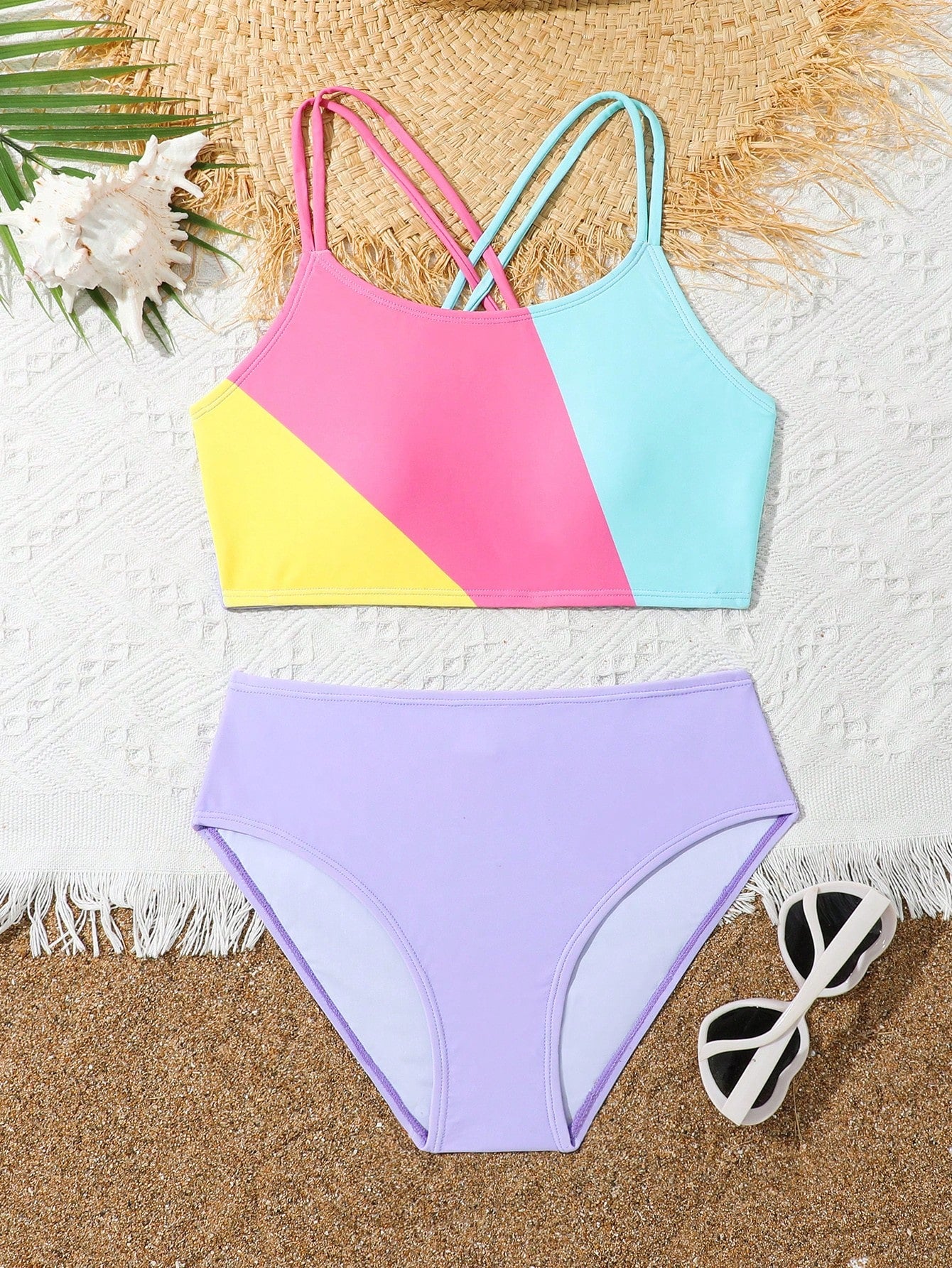 Tween Girl Color Block Crisscross Back Bikini Set Summer Beach