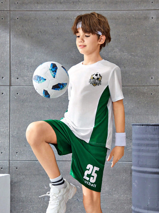 Tween Boy Casual Sporty Printed Patchwork Short Sleeve Round Neck Pullover T-Shirt & Solid Color Shorts Knitted Two-Piece Set