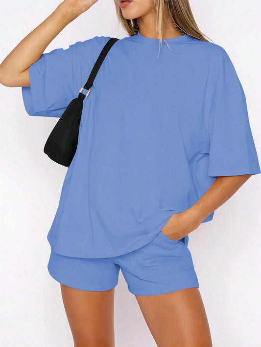 Women Solid Color Drop Shoulder Sleeve Spring/Summer T-Shirt And Shorts 2-Piece Set