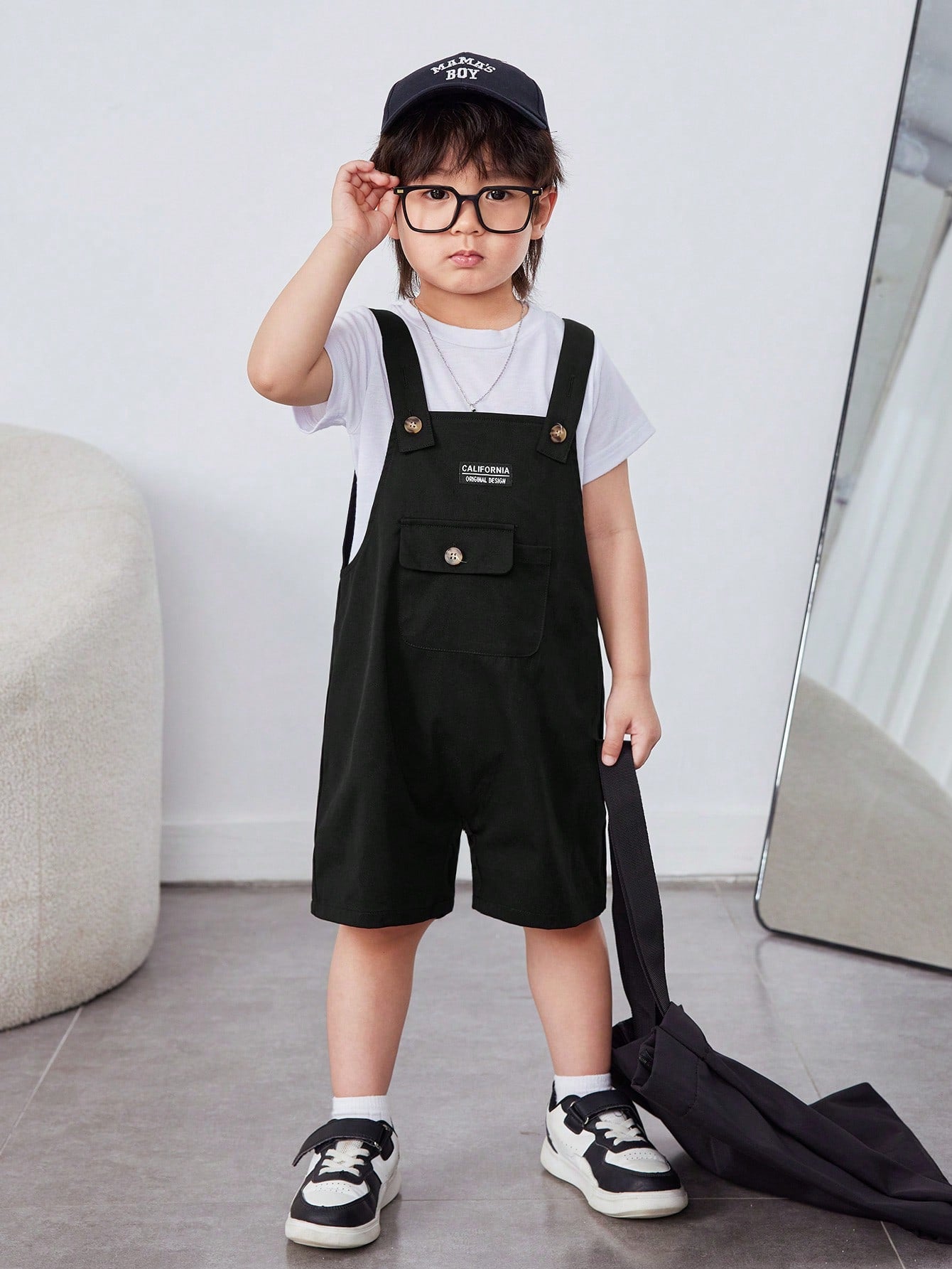 Boys' Casual Woven Tag Loose Shorts & Bib Pants Summer Outfit