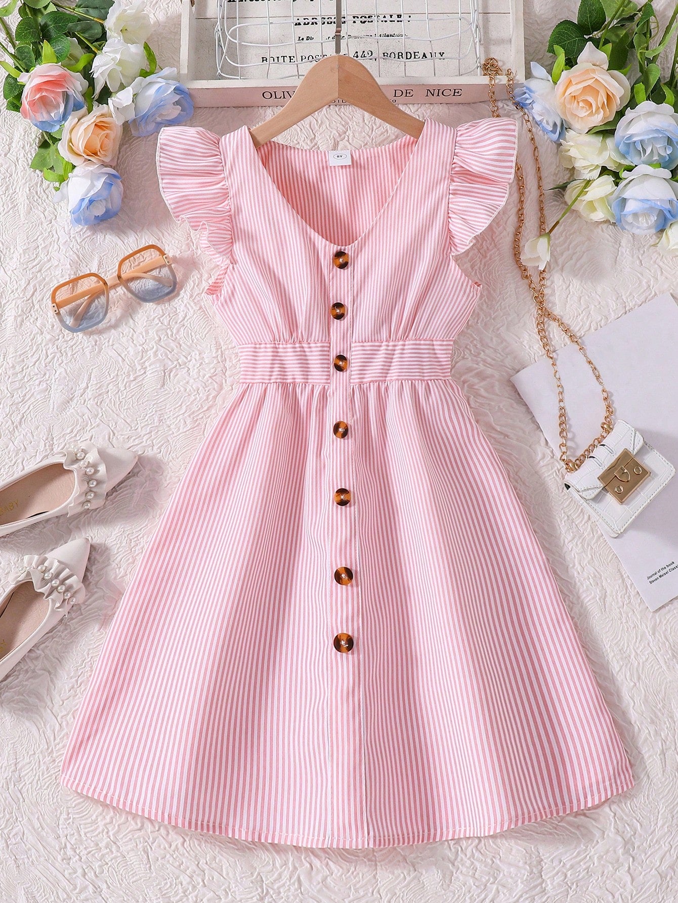 Tween Girl Fresh Striped Flying Sleeve V-Neck Cinched Waist Dress For Summer