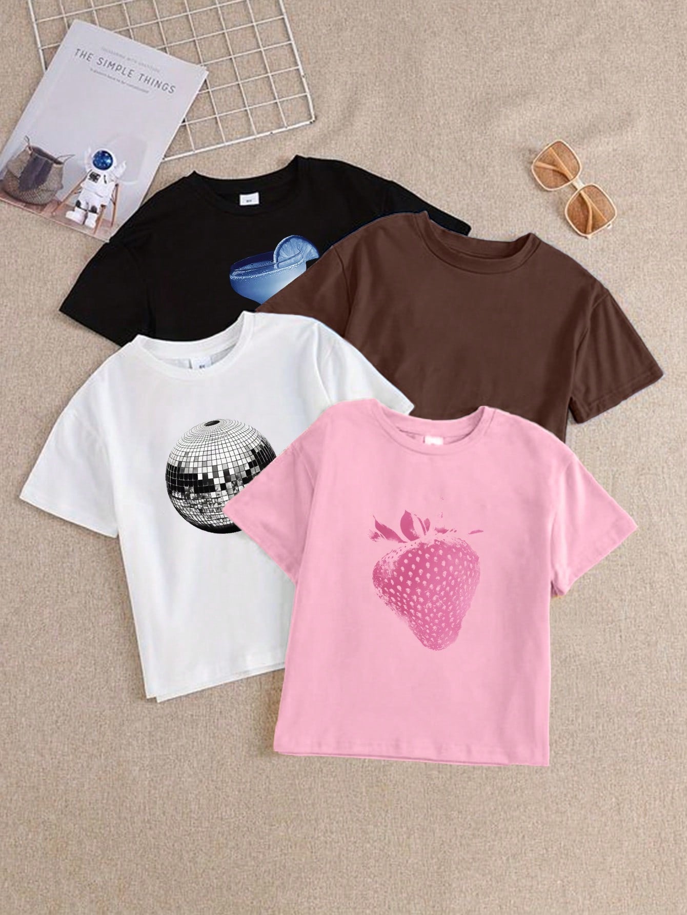 Casual Four-Piece Set Of Solid Color Crop Sleeve Slim Fit Women T-Shirt For Summer