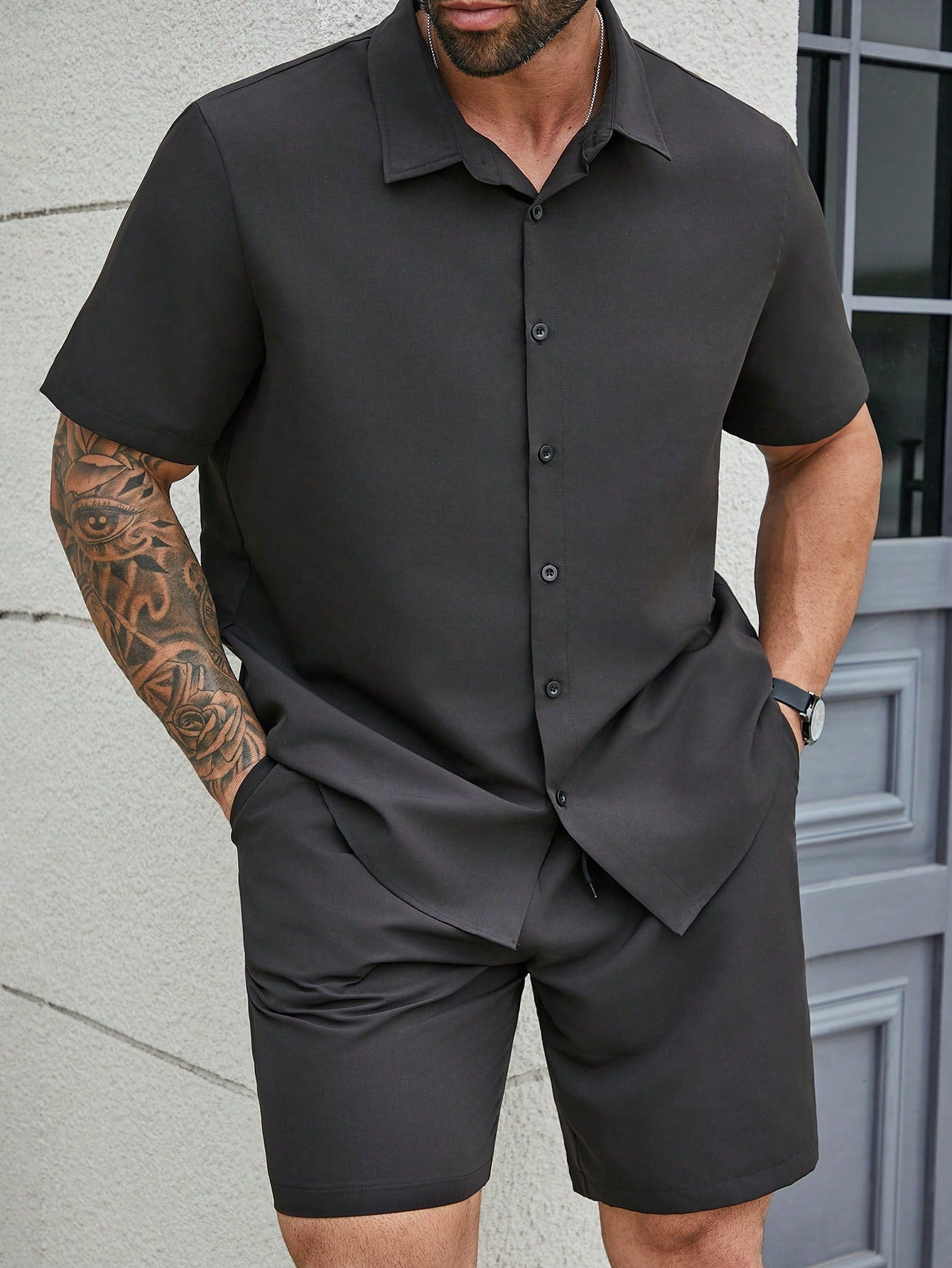 Plus Size Men Solid Color Turn-Down Collar Front Button Short Sleeve Shirt + Pocketed Shorts Business Suit