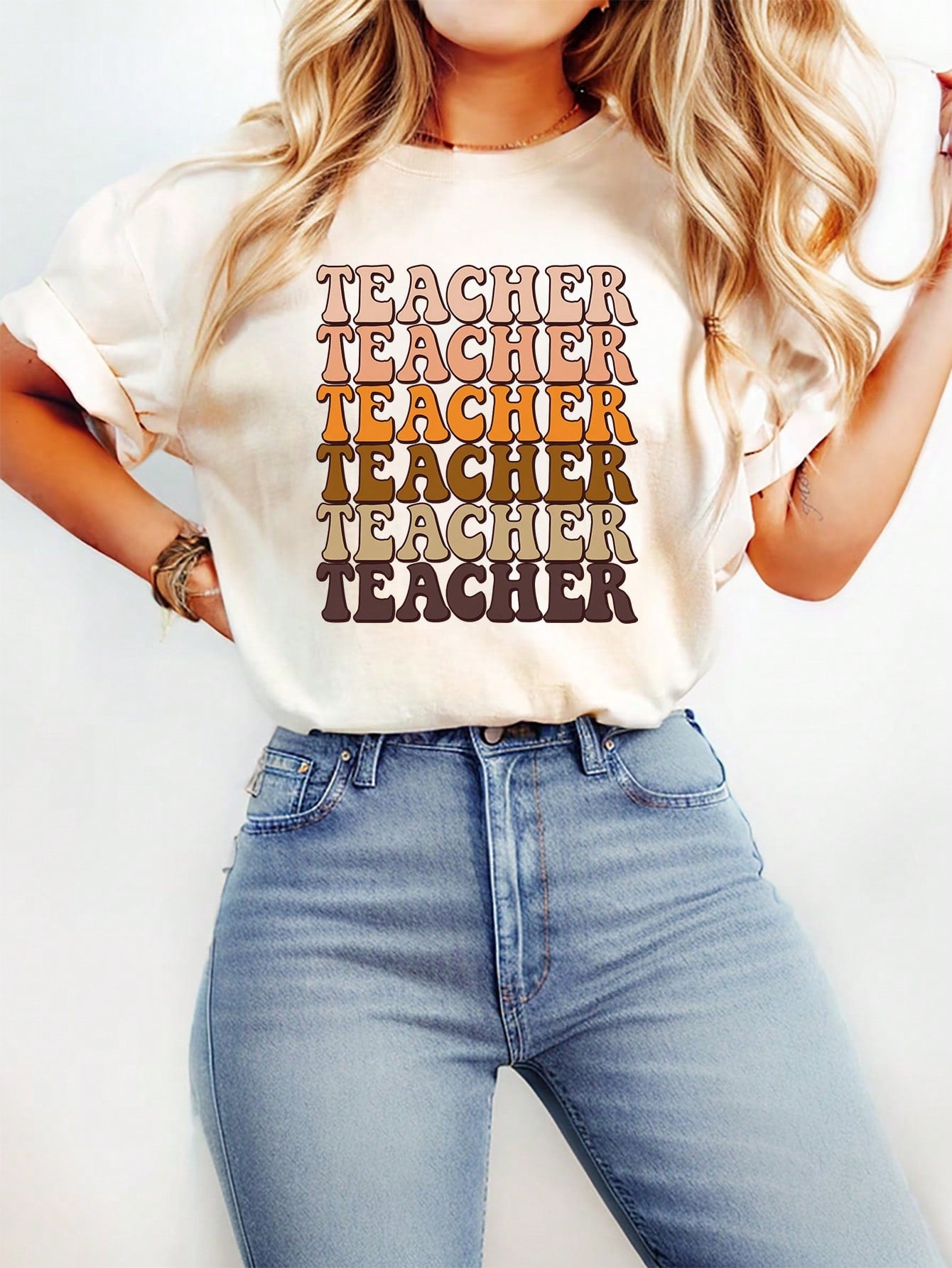 カジュアルミニマリストパターンラウンドネック半袖プラスサイズTシャツ、夏に最適、女性用 TEACHER TEACHER TEACHER TEACHER TEACHER