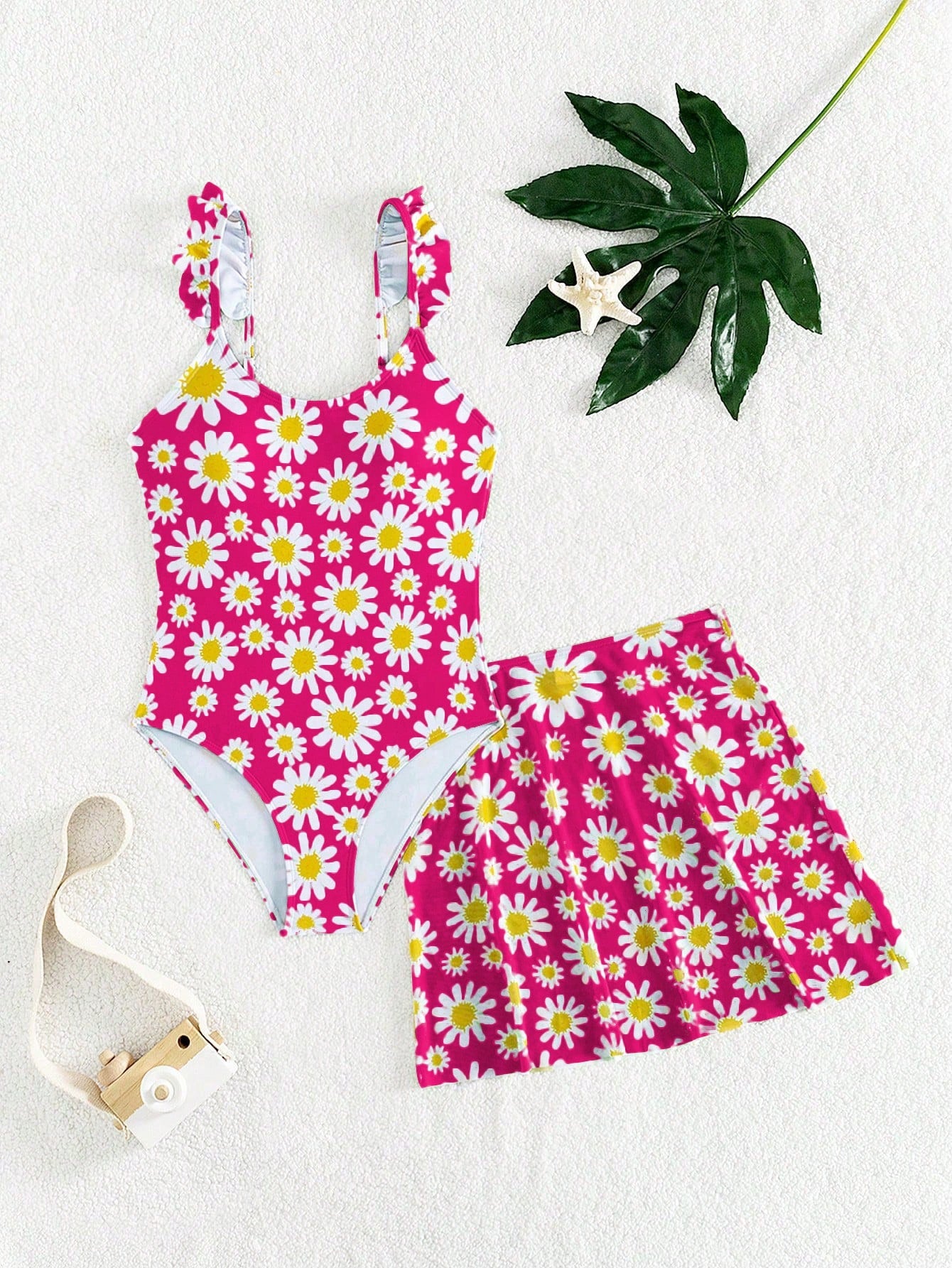 Tween Girl Chamomile Print One-Piece Swimsuit With Beach Cover-Up Skirt