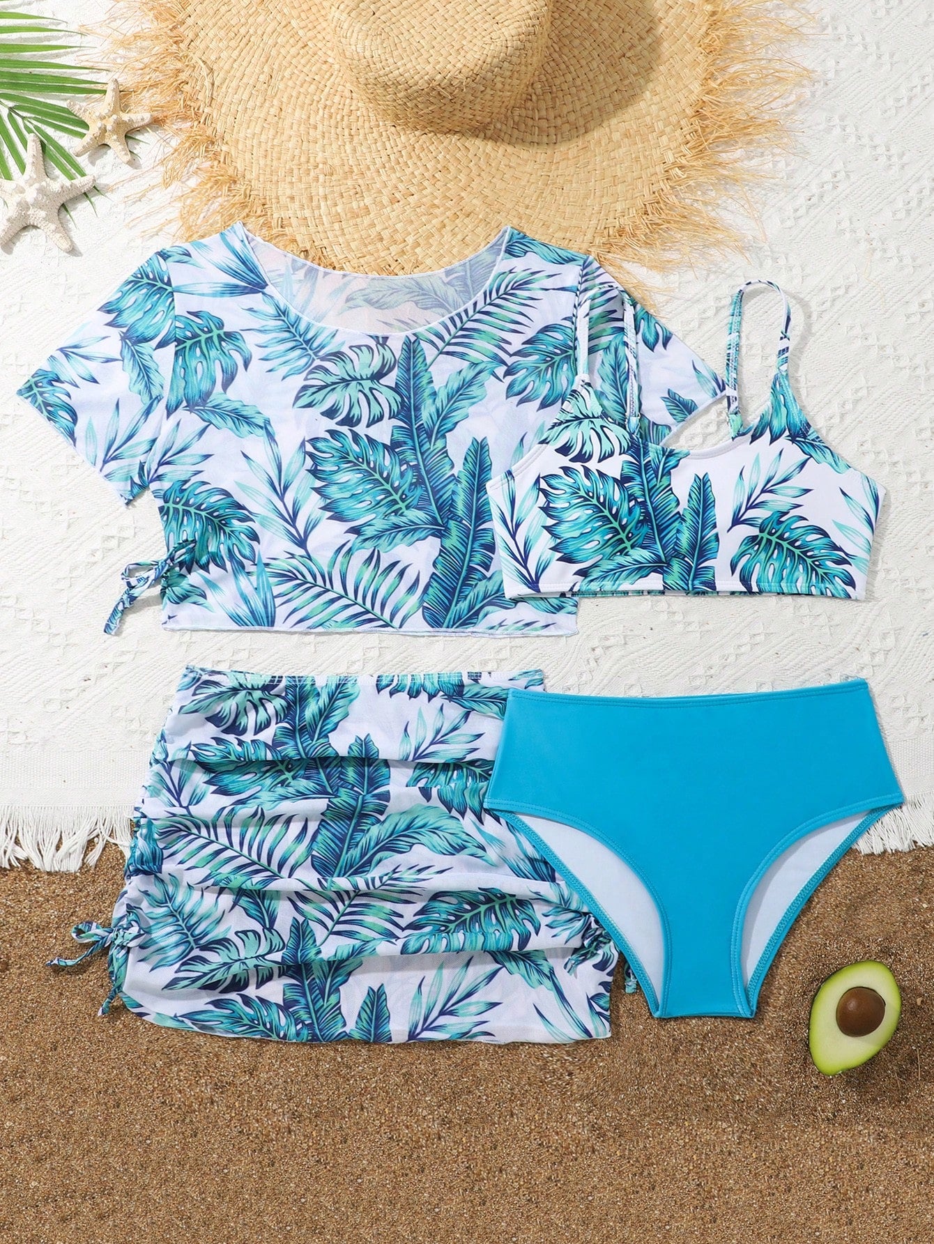 Tween Girl Tropical Printed Ruched Bikini Set With Drawstring Set, Short Sleeve Bathing Suit Beach Outfit Summer Vacation Summer Beach