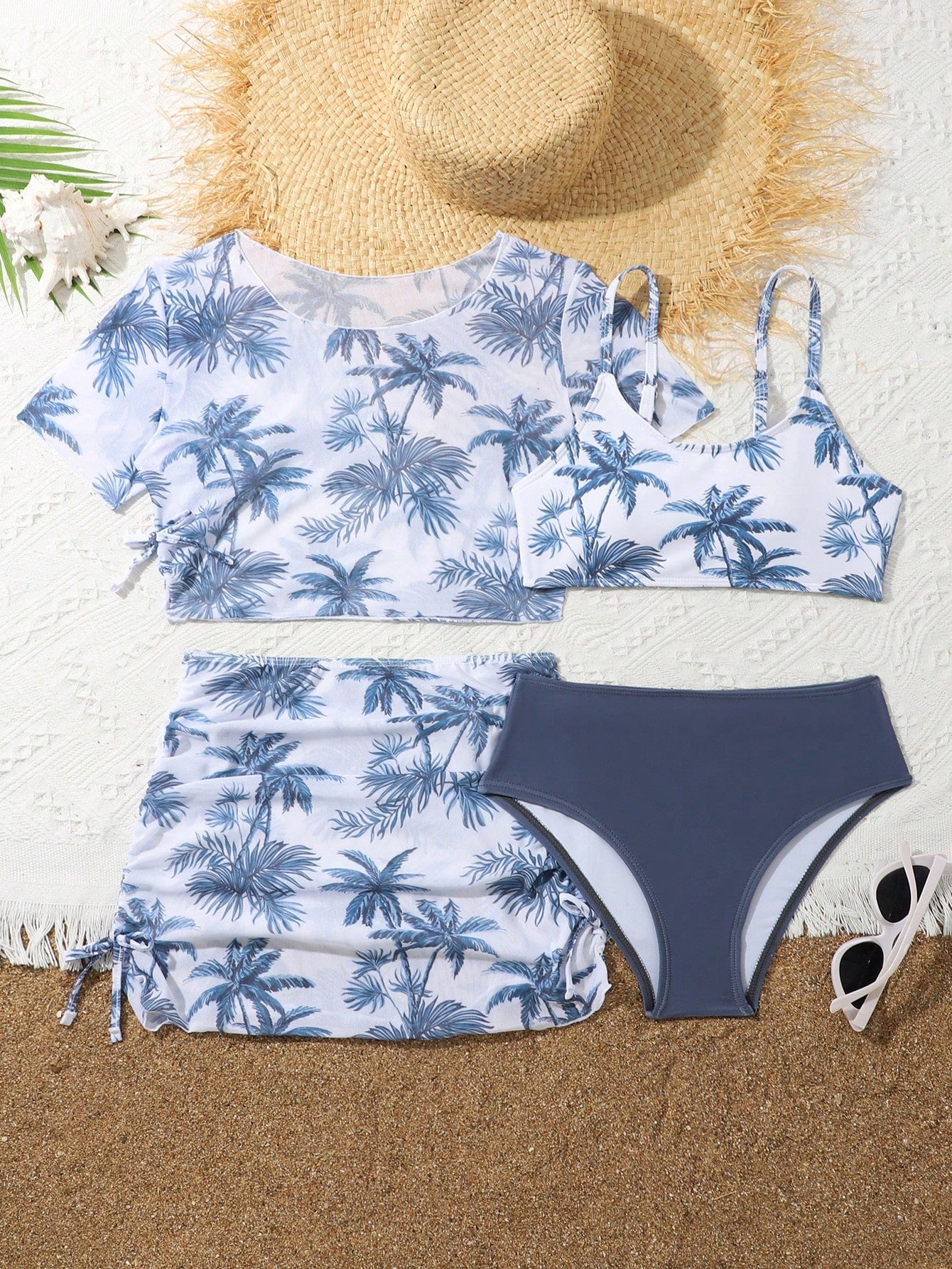 Tween Girl Tropical Printed Ruched Bikini Set With Drawstring Set, Short Sleeve Bathing Suit Beach Outfit Summer Vacation Summer Beach