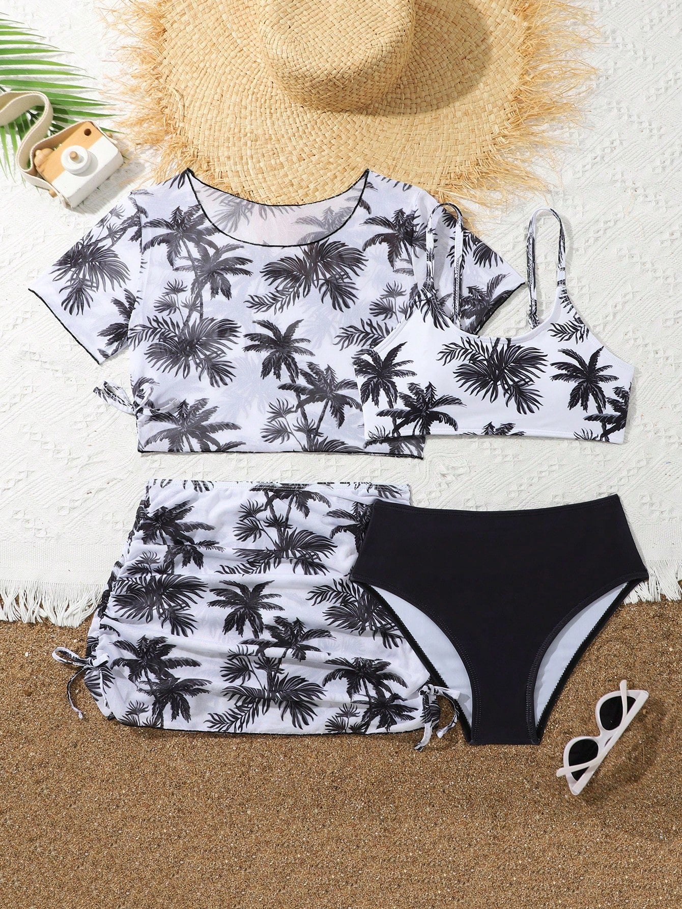 Tween Girl Tropical Printed Ruched Bikini Set With Drawstring Set, Short Sleeve Bathing Suit Beach Outfit Summer Vacation Summer Beach